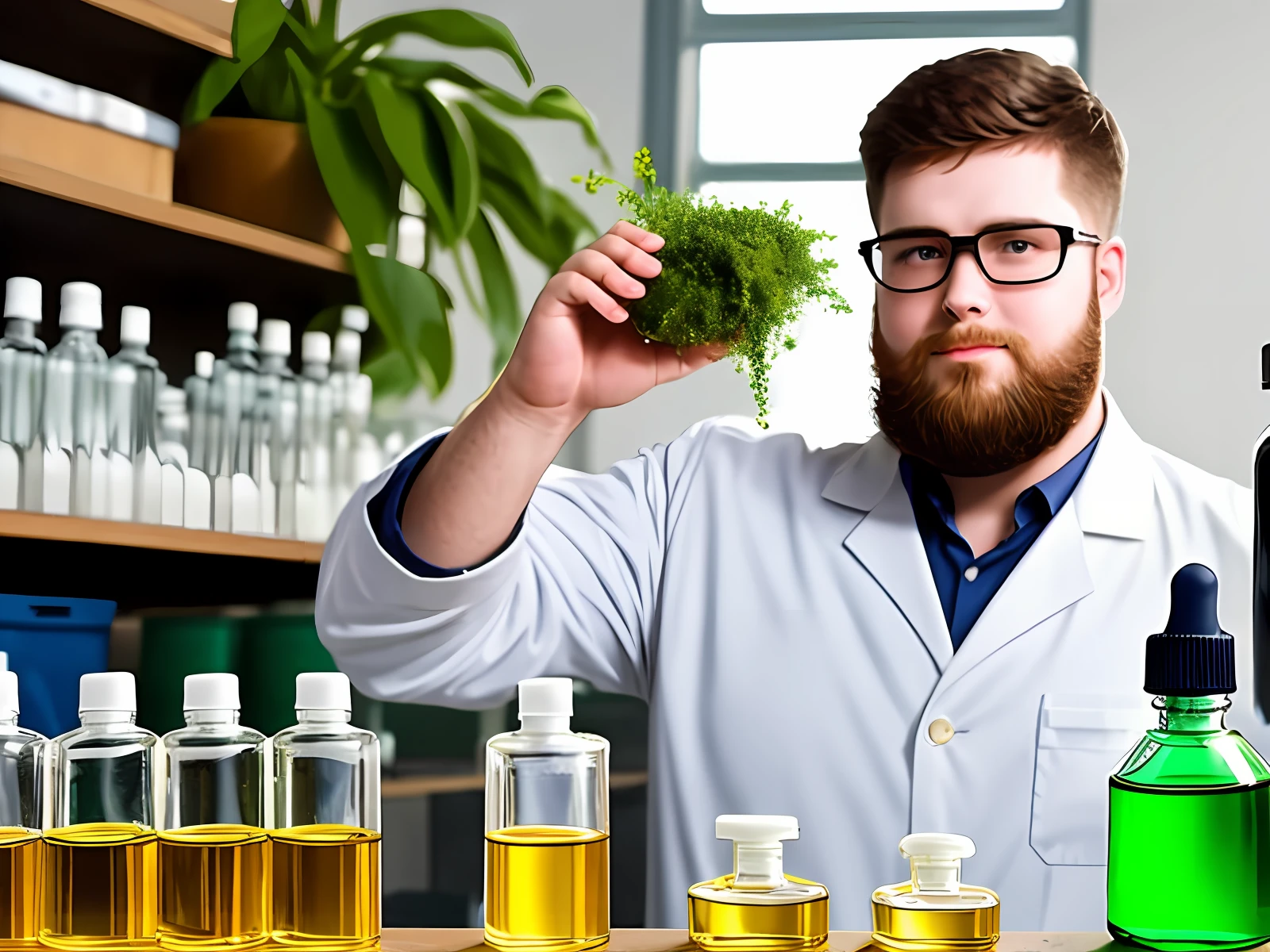 A young boy with glasses and a beard, fat, handsome and white-skinned in the chemistry laboratory, who has succeeded in standardizing the amount of plant sweat essential oil.