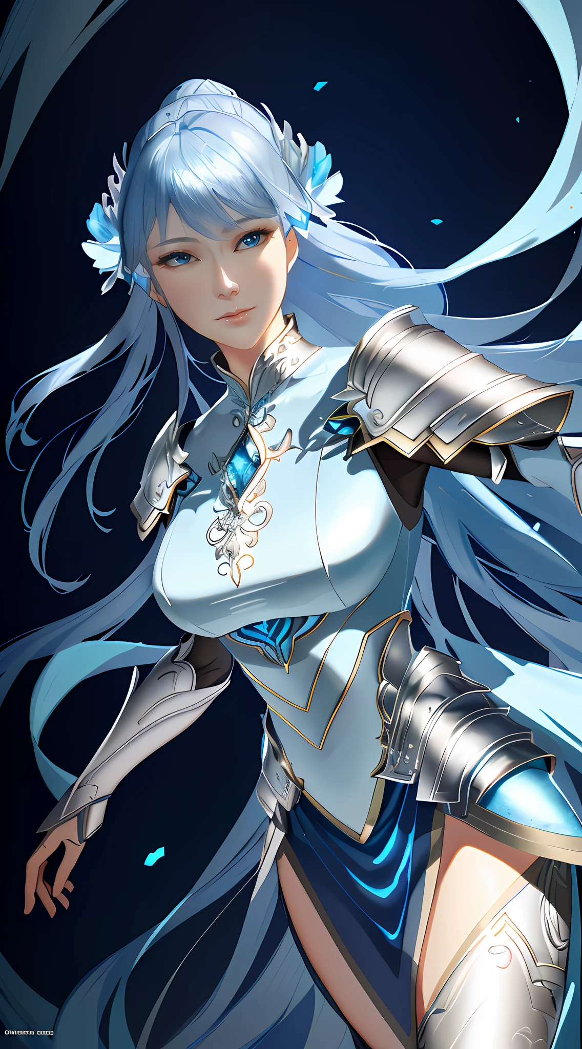 a close up of a woman in a silver and blue dress, chengwei pan on artstation, by Yang J, detailed fantasy art, stunning character art, fanart best artstation, epic exquisite character art, beautiful armor, extremely detailed artgerm, detailed digital anime art, artgerm on artstation pixiv, armor girl