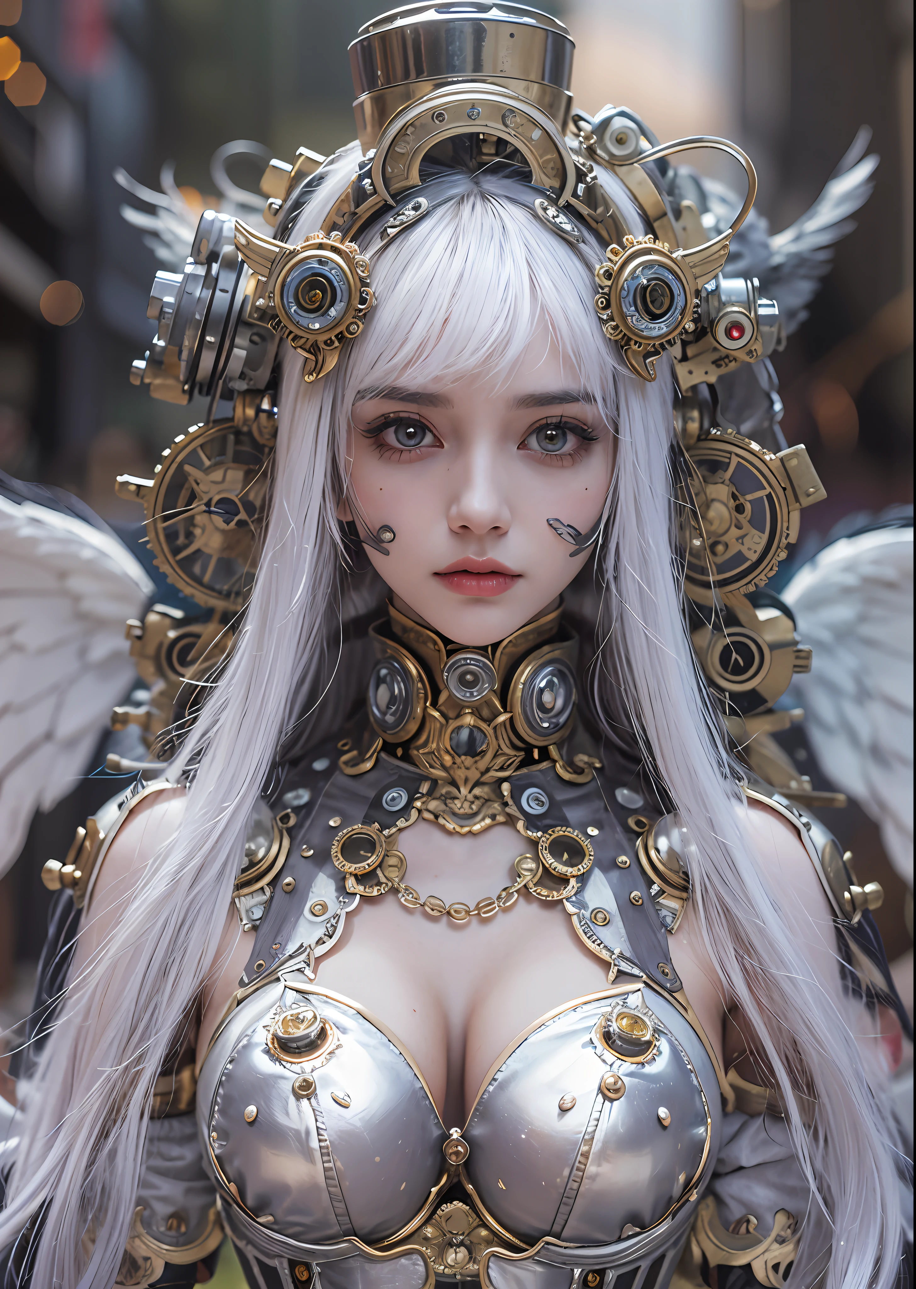 top-quality、masterpiece、超A high resolution、(Photorealsitic:1.4)、Raw photo、Steampunk Cyborg Angel、large wings made of metal、White porcelain body、Acrylic Clear Cover、white hair、glowy skin、1 steampunk girl、((super realistic details))、portlate、globalillumination、Shadow、octan render、8K、ultrasharp、character edge light,Colossal tits、Raw skin is exposed in cleavage、Details of complex ornaments、Sumerian details、Hydraulic cylinder、Small LED lamp、highly intricate detail、Realistic light、a purple eye、radiant eyes、Facing the camera、neon details、cowboy shot、Futuristic headgear、The background is a steampunk city、、