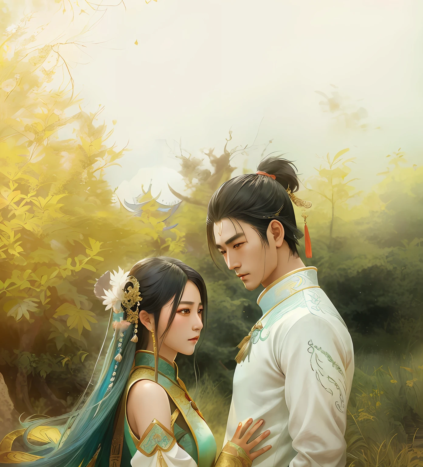 There were two people standing side by side in the field, xianxia fantasy, fantasy photoshoot, Chinese fantasy, Cinematic. author:leng jun, portrait shooting, full-body wuxia, Ruan Jia and Fenghua Zhong, shaxi, zhao yun, Wuxia, yiqiang and shurakrgt