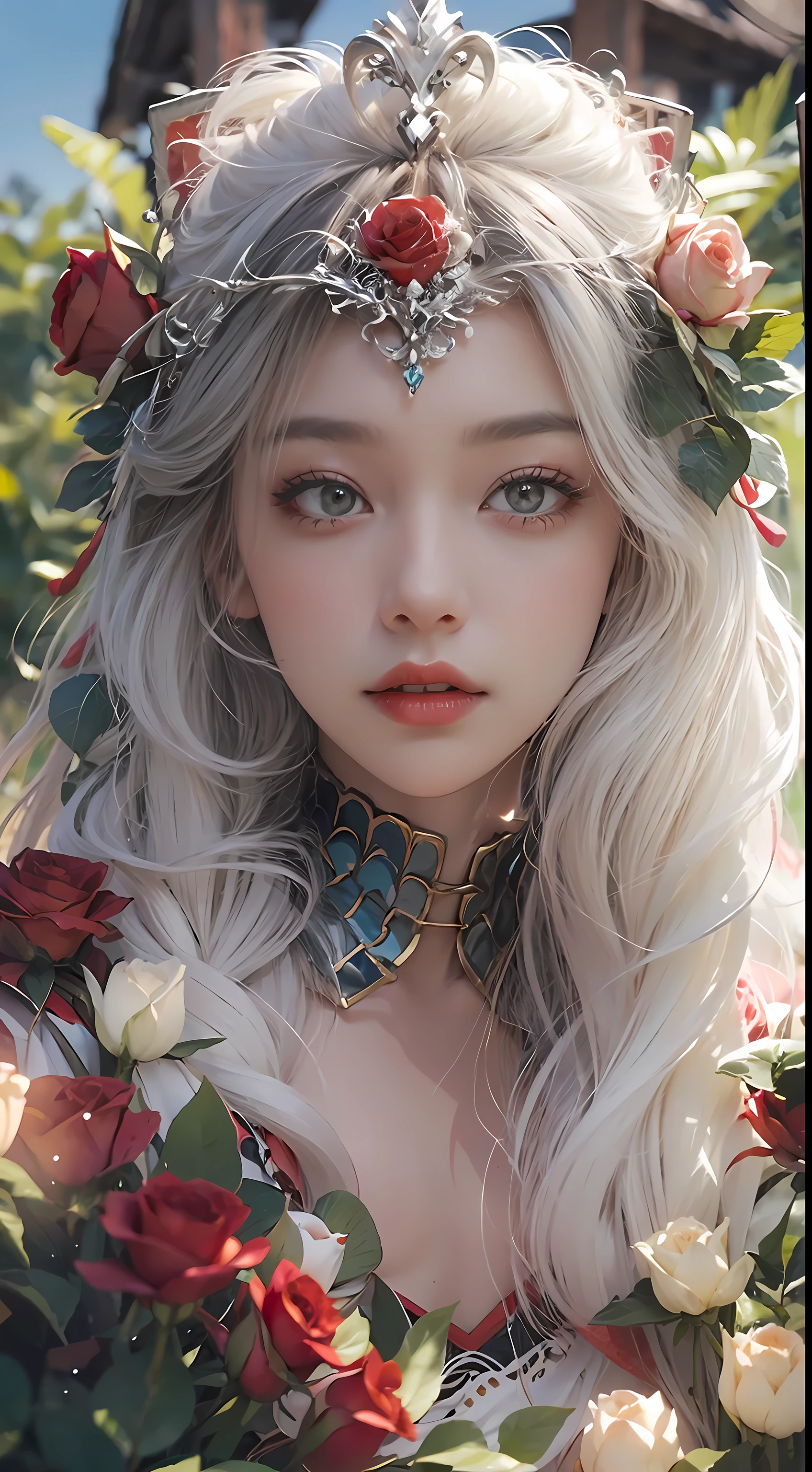 Exquisite scenes，depth of fields，8K，The ivory sky，White clouds，The sun shines on the snow-white sand。The coral sea，There are many small colorful shells on the beach，Red rose，Rose flower，tmasterpiece，k hd，Detailed details，Beautiful woman detailed defined body using spider man cosplay，grievance，Exquisite facial features，s the perfect face，White skin of the，long whitr hair，The background is a dragon，Hair bruising，Green clothes，The clothes were tightly wrapped，track pants，spiderman outfit，Cloak，Animal headdress