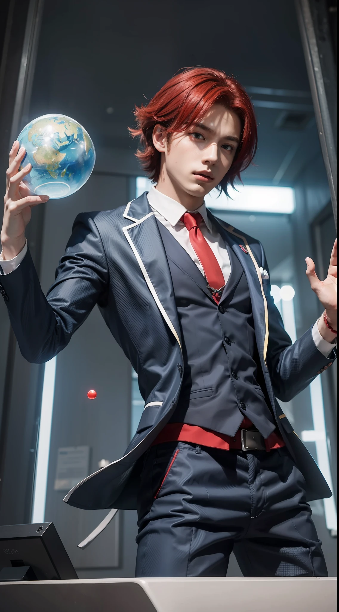 "A boy with bright red hair wearing a dark blue suit holds a blue energy sphere in his open hand. Hyper-realistic super-resolution."