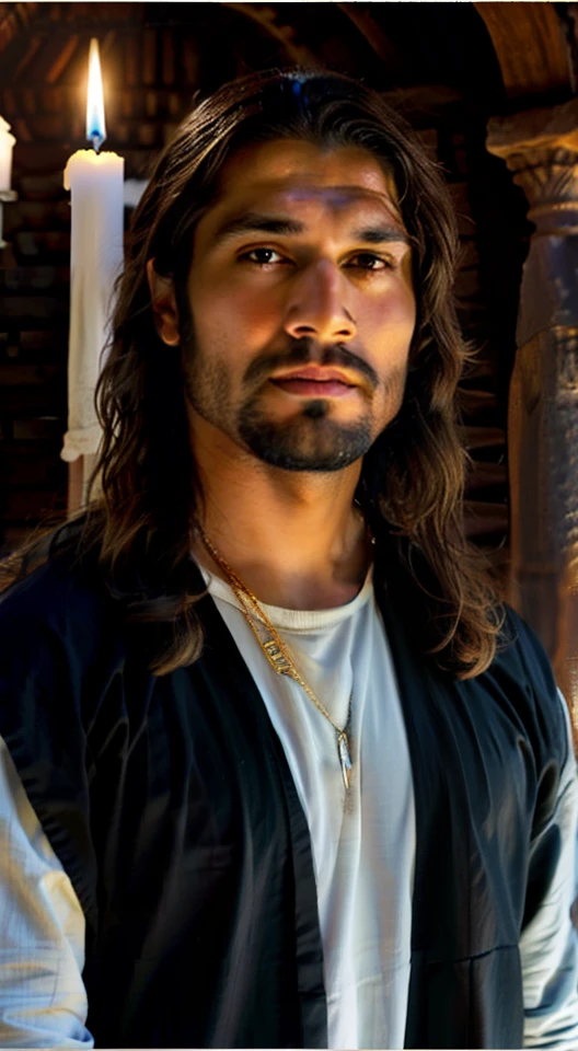 Man with long hair and beard standing in front of a candle, Jovem homem grego, handsome prince of persia, portrait of bedouin d&d, com seus longos cabelos pretos, Christian, Vestido como Jesus Cristo, an afghan male type, jason momoa as assyrian, Raphael Lecoste, Alejandro, Jesus Cristo, foto de perfil headshot