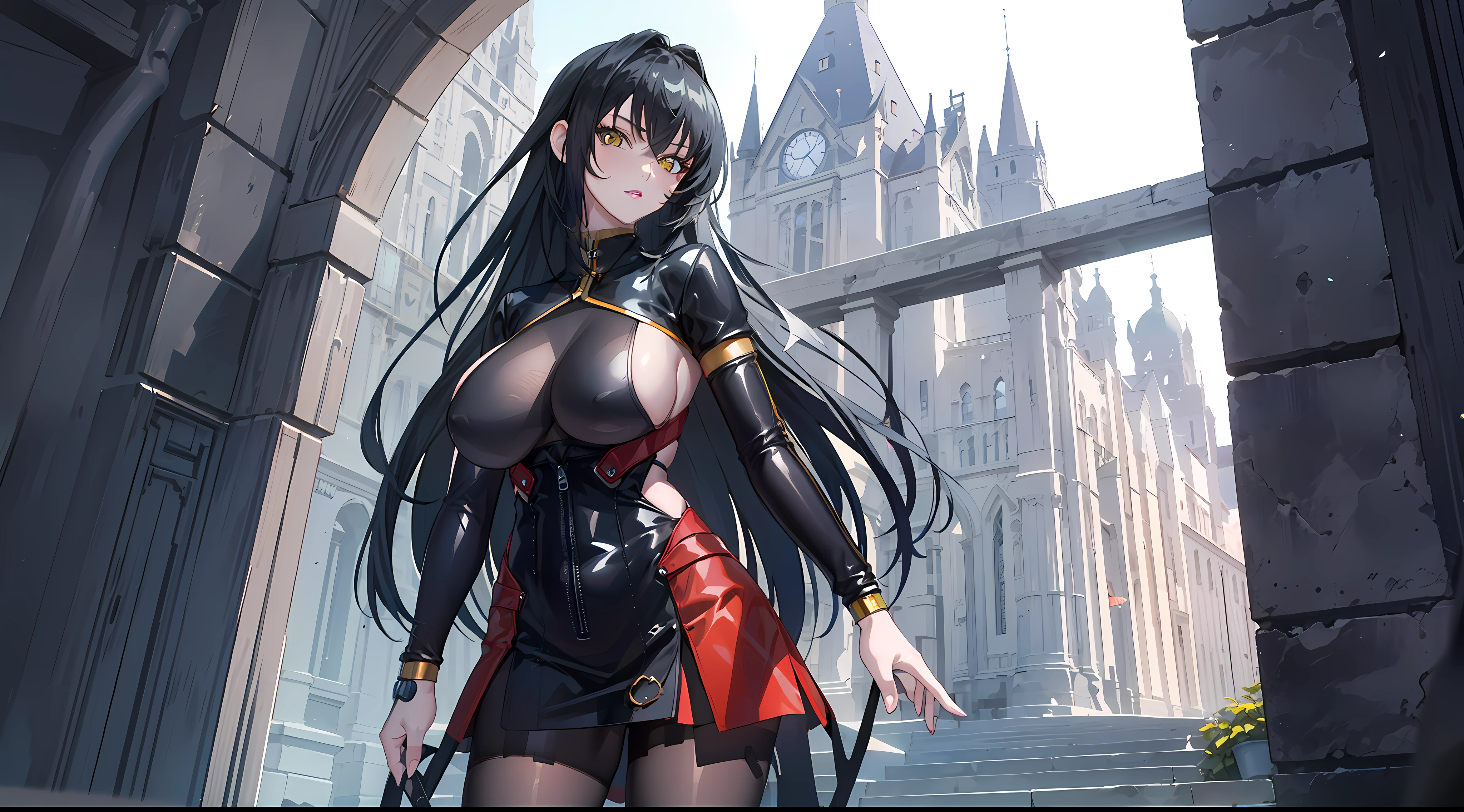 professional artwork, Intricate Details, field of view, sharp focus, detailed painting, photorealistic lighting, trending on pixiv, Standing at attention, black outfit ,yellow collared shirt,black and red bodysuit,skin_tight,black legwear, black pantyhose, Side_boob, black hair,very long hair, Bangs,yellow eyes,makeup, lipstick, 20yo,mature female,Beautiful Finger,Beautiful long legs,Beautiful body,Beautiful Nose,Beautiful character design, perfect eyes, perfect face, looking at viewer,official art,extremely detailed CG unreal engine 8k wallpaper, perfect lighting,Colorful, Bright_Front_face_Lighting, (masterpiece:1.0),(best_quality:1.0), ultra high res,4K,ultra-detailed, photography, 8K, HDR, highres, absurdres:1.2, Kodak portra 400, film grain, blurry background, (Beautiful,large_Breasts:1.4), (beautiful_face:1.5),(narrow_waist), (solo:1.4), ((landscape dimension))