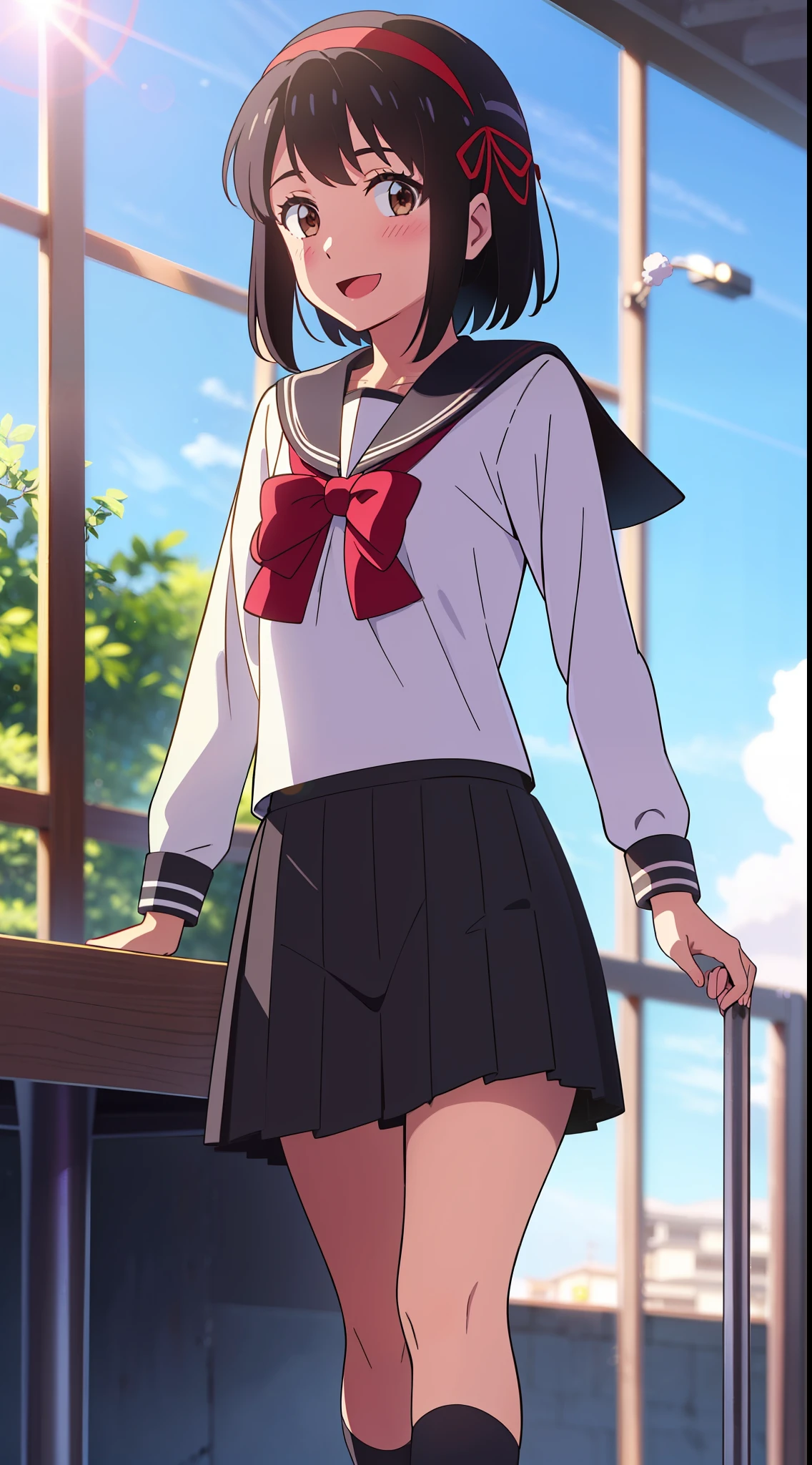 shinkai makoto, kimi no na wa., 1girl, bangs, black hair, blush, brown eyes, sky, cloud, sailor collar, black sailor collar, sailor color, black sailor color, serafuku, looking at the viewer, outdoors, headband, red headband, ribbon, red ribbon, bow, red bow, school uniform, short hair, solo, shirt, white shirt, skirt, black skirt, pleated skirt, long sleeves, smile, happy, open mouth, lens_flare, afternoon hangout