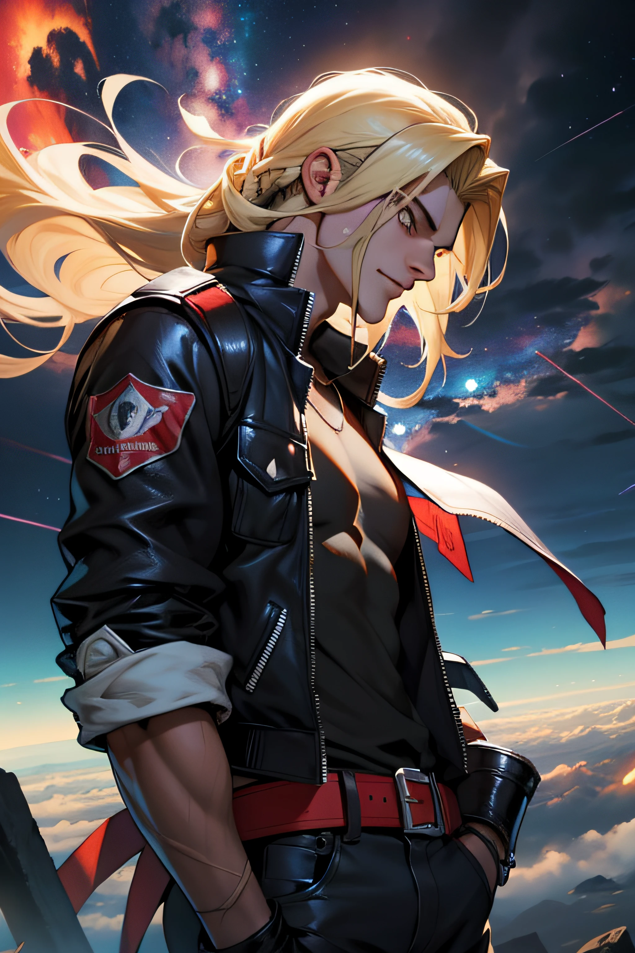 1 solo Terry Bogard, nariz detalhado, ((Olhos ultra detalhados, pupila detalhada, olhos azuis)), raios, thunders, thunders , cabelo blond, roupas pretas, vestes pretas, Nebula and smoke, pano preto, segurando raio, raios ao redor