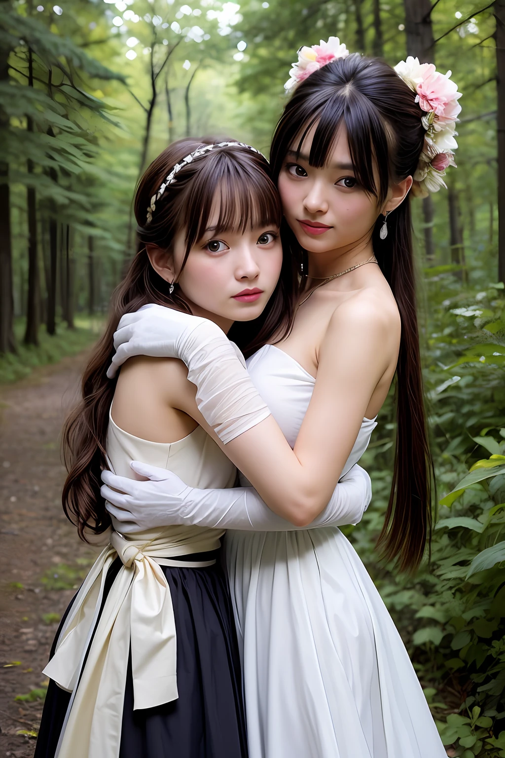 two female anime characters that hug each other in the forest in front of trees,RAW photogr,Realistic, Multiple girls, dress, Smile, 2girls, Open mouth, mitts, Braid, Earrings, White dress, jewelry, One eye closed, hair flower, hair adornments, White gloves, hug, Long hair, flower, Elbow gloves, Red eyes, view the viewer, bangs, Brown hair, Blush, bow, Yellow eyes, Bare shoulders, Black hair,