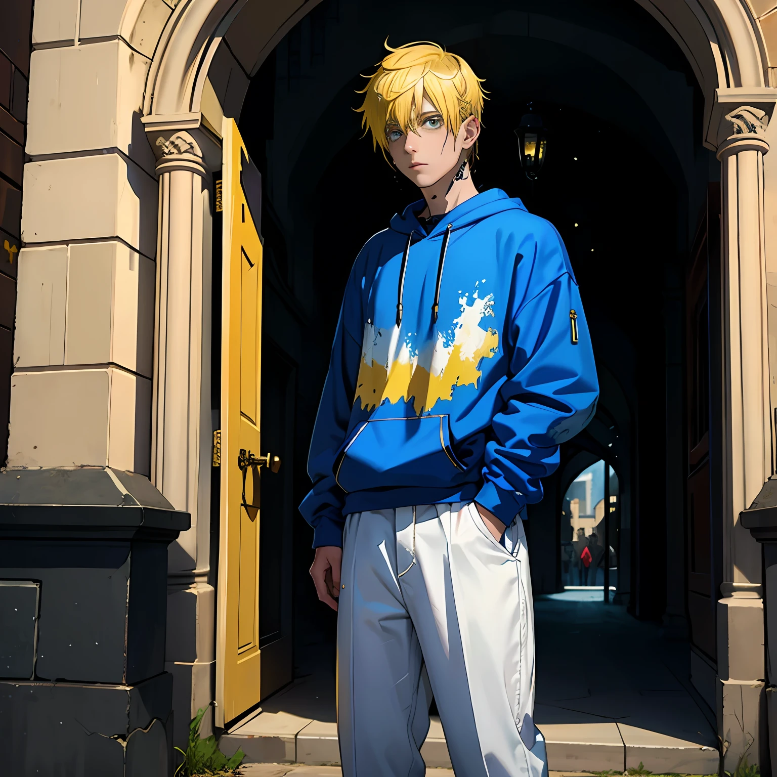 Man with dyed yellow hair,Wear a casual blue sweatshirt,Stand outside the tall city gates,There was a slight blood stain on his face,The clothes were tattered