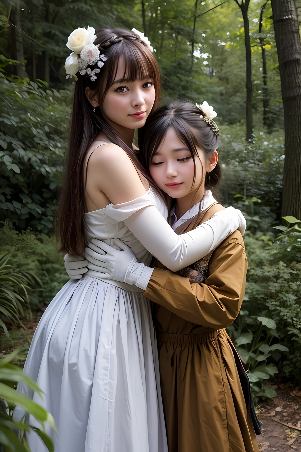 two female anime characters that hug each other in the forest in front of trees,RAW photogr,Realistic, Multiple girls, dress, Smile, 2girls, Open mouth, mitts, Braid, Earrings, White dress, jewelry, One eye closed, hair flower, hair adornments, White gloves, hug, Long hair, flower, Elbow gloves, Red eyes, view the viewer, bangs, Brown hair, Blush, bow, Yellow eyes, Bare shoulders, Black hair,