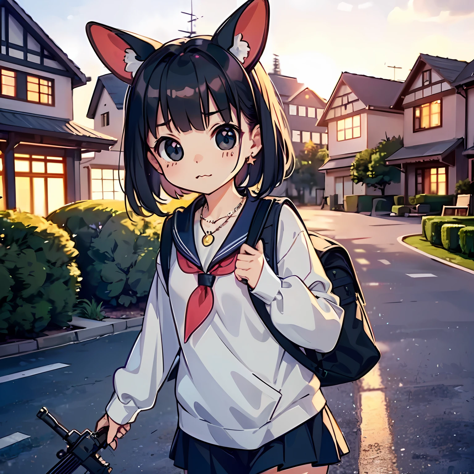 (Highly detailed CG Unity 8k wallpaper), (Best Quality), (Super Detail), (Best Illustration), (Best Shadow), POV, Realistic lighting and shading, Natural light, Lens flare effect, BREAK, 1 beautiful girl, Solo,(Cute:1.5),(Chibi:0.8), (kawaii:1.5),(Lori:0.5), BREAK, ((girl, Cute, Cheerful, Loli face, slightly bulging chest,(A dark-haired,Disheveled short bob,tareme:1.2), gleaming skin, Stuffed rabbit,BREAK,(rucksack:1.2), (a sailor suit,machine guns:1.2), (White rabbit ear headband:1.0), (Black sneakers:1.0), (star-shaped earring:1.1), (a necklace:1.3), (The surprised face when I saw my sister fall,The face is pale, Staring ,empty mouth:1.1), (holding a machine gun),BREAK,(machine gun fire:1.3), (Schoolyard background:1.3),(outside of house:1.5),