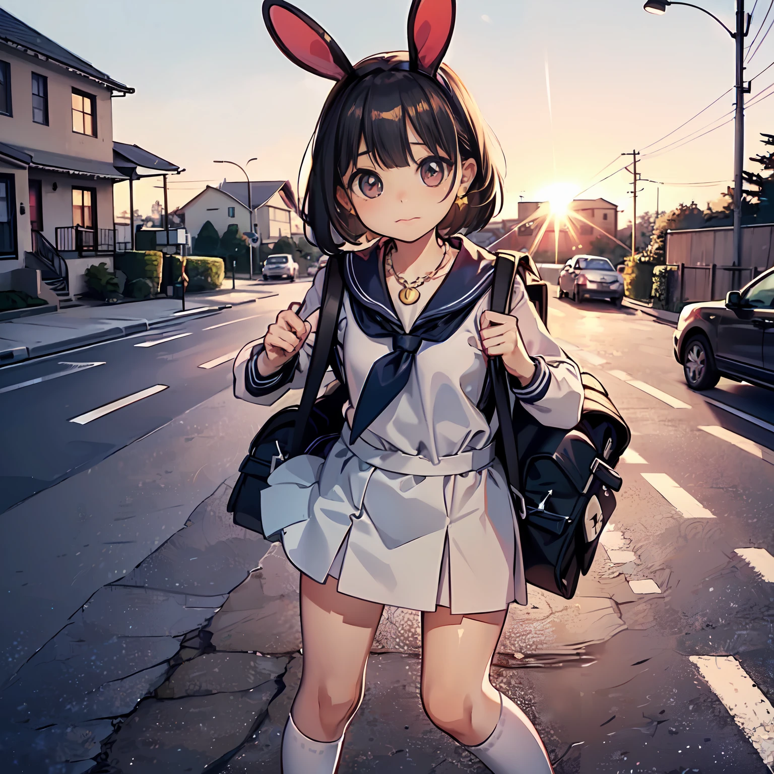 (Highly detailed CG Unity 8k wallpaper), (Best Quality), (Super Detail), (Best Illustration), (Best Shadow), POV, Realistic lighting and shading, Natural light, Lens flare effect, BREAK, 1 beautiful girl, Solo,(Cute:1.5),(Chibi:0.8), (kawaii:1.5),(Lori:0.5), BREAK, ((girl, Cute, Cheerful, Loli face, slightly bulging chest,(A dark-haired,Disheveled short bob,tareme:1.2), gleaming skin, Stuffed rabbit,BREAK,(rucksack:1.2), (a sailor suit,machine guns:1.2), (White rabbit ear headband:1.0), (Black sneakers:1.0), (star-shaped earring:1.1), (a necklace:1.3), (The surprised face when I saw my sister fall,The face is pale, Staring ,empty mouth:1.1), (holding a machine gun),BREAK,(machine gun fire:1.3), (Schoolyard background:1.3),(outside of house:1.5),
