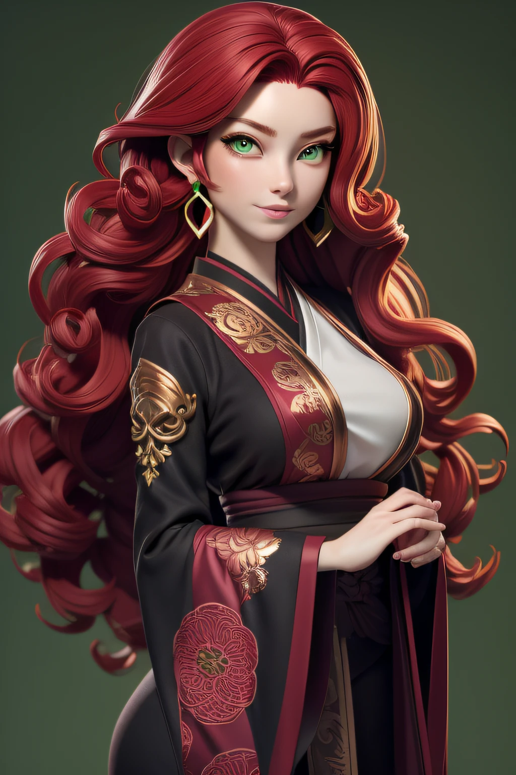masterpiece, best quality, 1 girl, lime green eyes, pale skin, wine red hair, long hair, earrings, jewelry, black japanese clothes, simple background, solo, upper body, curly hair