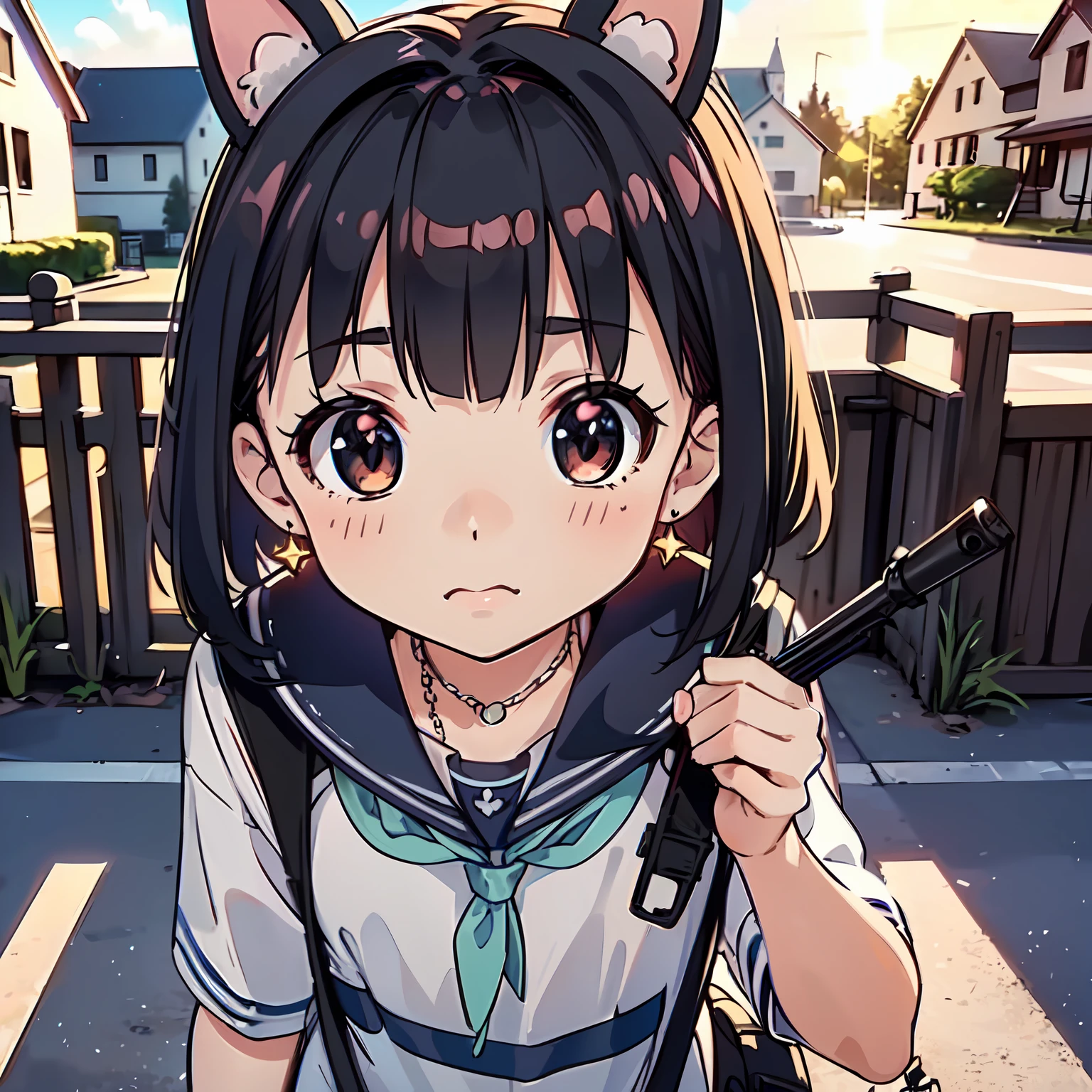 (Highly detailed CG Unity 8k wallpaper), (Best Quality), (Super Detail), (Best Illustration), (Best Shadow), POV, Realistic lighting and shading, Natural light, Lens flare effect, BREAK, 1 beautiful girl, Solo,(Cute:1.5),(Chibi:0.8), (kawaii:1.5),(Lori:0.5), BREAK, ((girl, Cute, Cheerful, Loli face, slightly bulging chest,(A dark-haired,Disheveled short bob,tareme:1.2), gleaming skin, Stuffed rabbit,BREAK,(rucksack:1.2), (a sailor suit,machine guns:1.2), (White rabbit ear headband:1.0), (Black sneakers:1.0), (star-shaped earring:1.1), (a necklace:1.3), (The surprised face when I saw my sister fall,The face is pale, Staring ,empty mouth:1.1), (holding a machine gun),BREAK,(machine gun fire:1.3), (Schoolyard background:1.3),(outside of house:1.5),