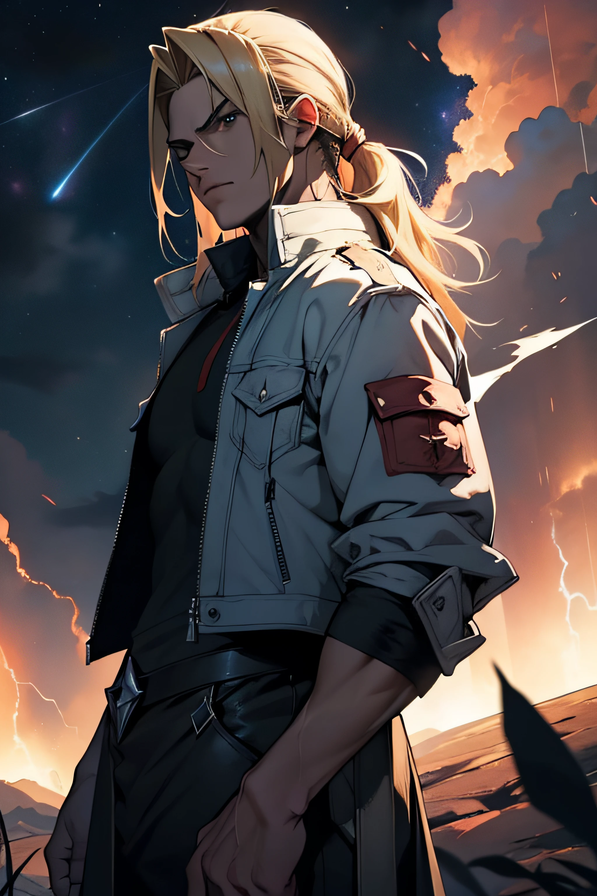 1 solo Terry Bogard, raios, thunder, thunder , cabelo blond, roupas pretas, vestes pretas, Nebula and smoke, black cloth, segurando raio, tempo fechado, tempo nublado, tempo escuro