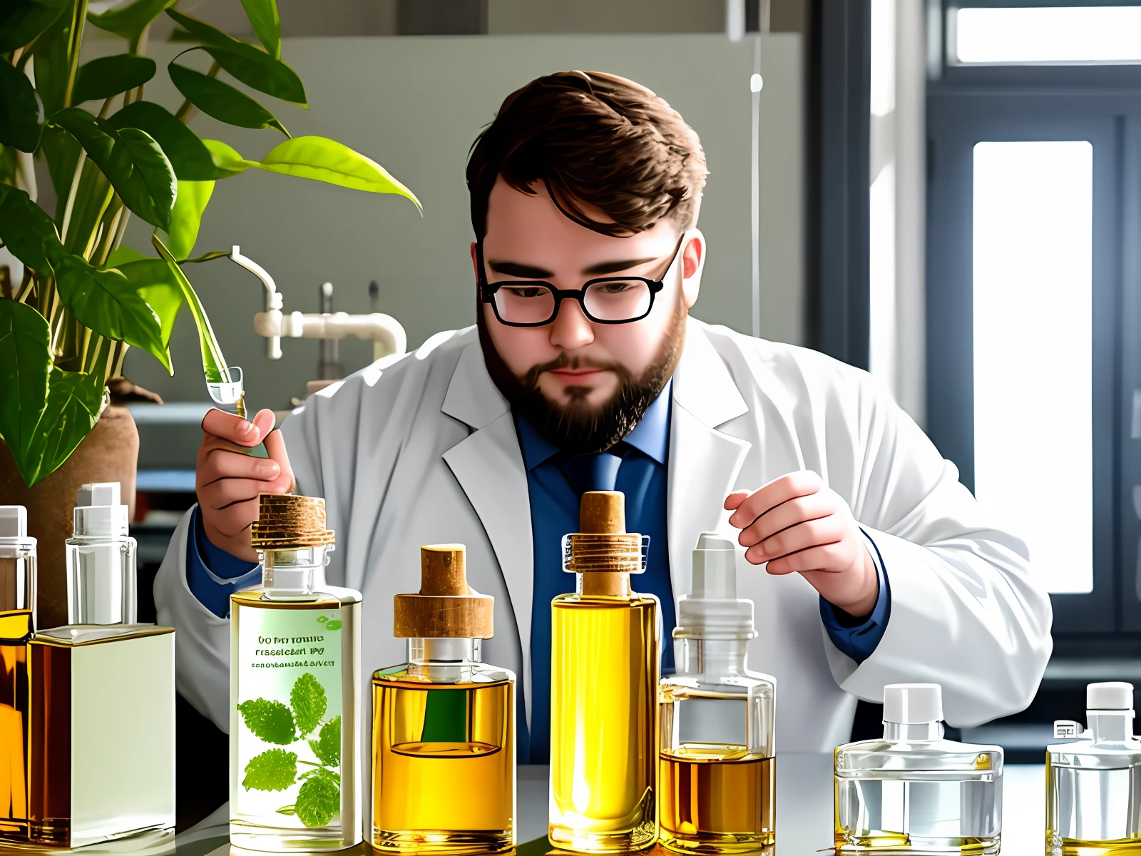 A young boy with glasses and a beard, fat, handsome and white-skinned in the chemistry laboratory, who has succeeded in standardizing the amount of plant sweat essential oil.