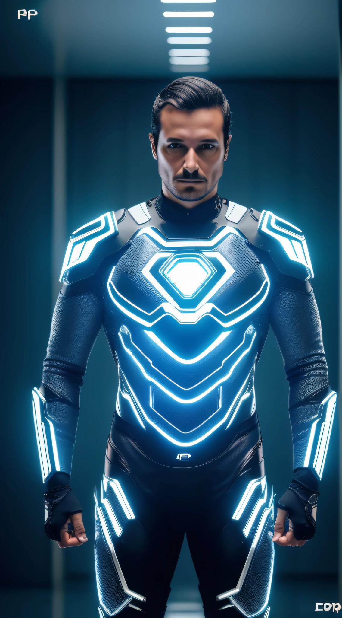 A cyber man, inspirado em Pedro Pascal, master part, extremamente detalhado, melhor qualidade, ((traje futurista)), (metallic details with lights and electronic circuits: 1.2),((corpo inteiro):1.5) extremamente detalhado, intricate with lights and luminous electronic circuits. (8k, qualidade superior, melhor qualidade, obra-prima, altamente detalhado: 1.2), ((corpo inteiro):1.5)