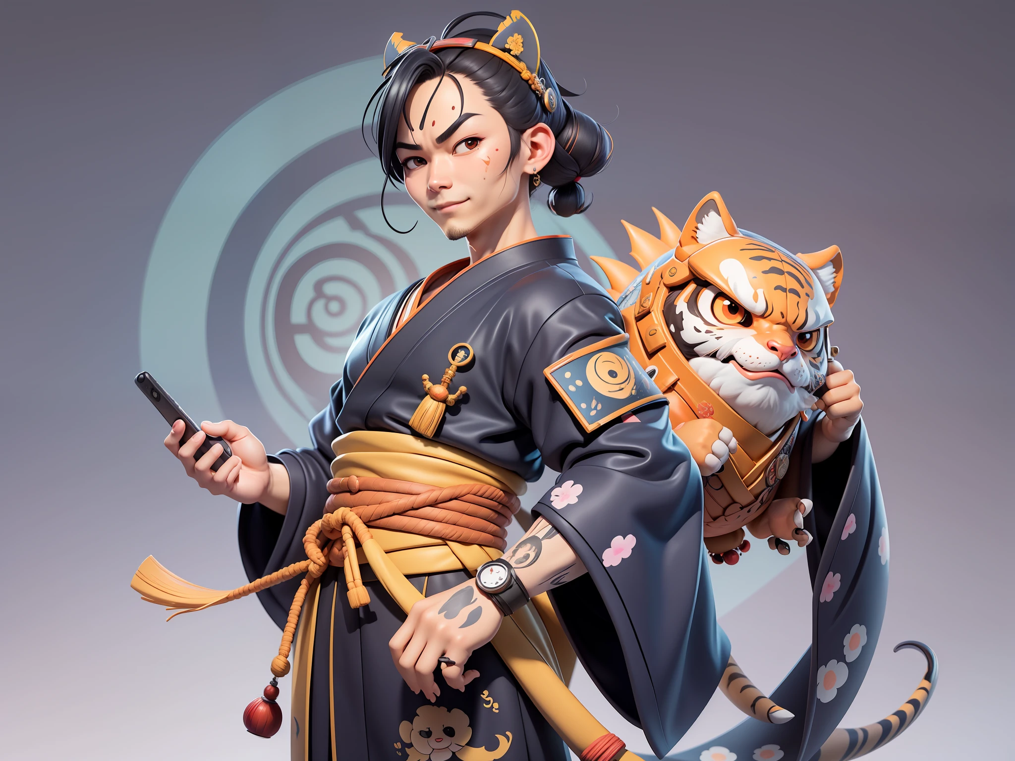 (Daisaku),(Need),(Super meticulous),(full bodyesbian:1.2),Japanese ukiyo-e girl,japanese geisha,Beautiful,Oriental dragon,one tiger,Aeolian Thor,Raised sexy,爆乳,Oriental face,TV Anchor,Bust portrait illustration,Alone,In black suit,a blue tie,The face is slightly chubby,The face was clean,without a beard,Black super short hair,Black eyes,Smile confidently,3C computer sub-products,iPad, iphone,Digital painting,3D character design by Mark Clairen and Pixar and Hayao Miyazaki and Akira Toriyama,The illustration is a high-definition illustration in 4K resolution,With very detailed facial features and cartoon-style visuals。