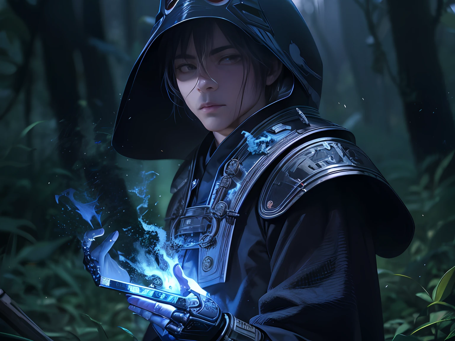 A young male teenager wearing a Japanese oni mask holds a blue fire, Wearing Japanese black light armor, In the dark forest, Blood-lettered stone stele, Cinematic lighting, Depth of field, Glowing light, Ray tracing, reflective light, cowboy_Shot, Masterpiece, Masterpiece, High quality, Best quality, High details, ccurate, Anatomically correct, Textured skin, hyper HD, A high resolution, 1080p