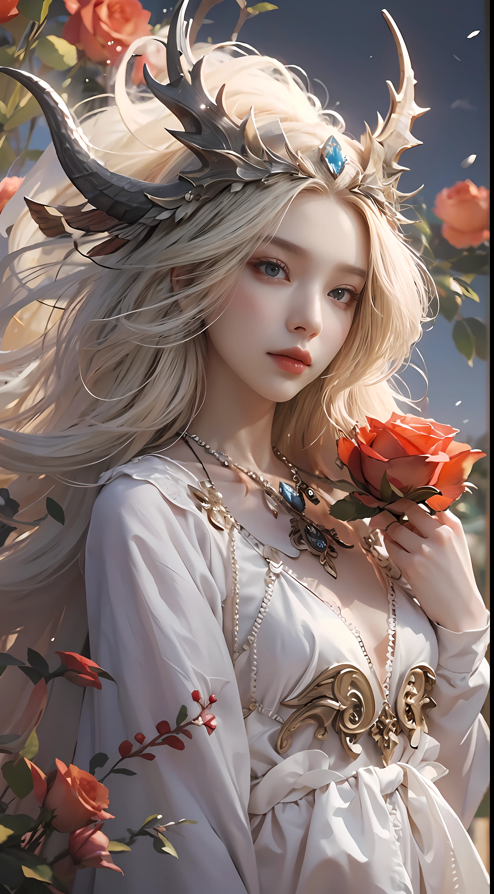 Exquisite scenes，depth of fields，8K，The ivory sky，White clouds，The sun shines on the snow-white sand。The coral sea，There are many small colorful shells on the beach，Red rose，Rose flower，tmasterpiece，k hd，Detailed details，Beautiful woman detailed definition of body using role play，grievance，Exquisite facial features，s the perfect face，White skin of the，long whitr hair，The background is a dragon，Blonde hair，Blackn clothes，The clothes were tightly wrapped，track pants，Cloak，Animal headdress