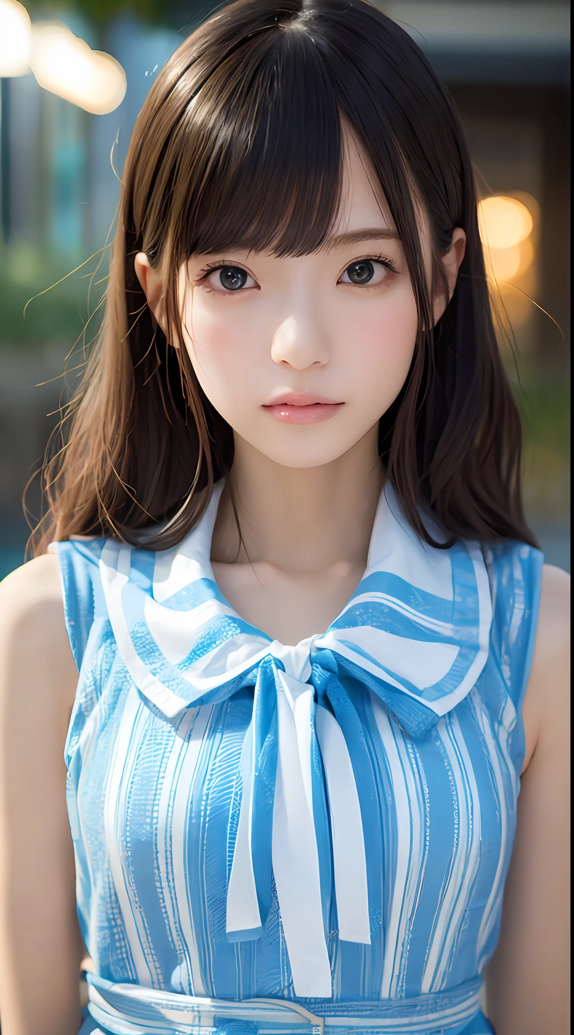 masterpiece、one beautiful women、A detailed face、A detailed eye、Detailed skin、top-quality、japanes、hi-school girl、idol、Flashy costumes、swim wears、Background is the pool at night、short-cut、black eyes、The hair color is only partially bright light blue、Illuminated from the front with bright lighting、profetional lighting、Facing straight ahead、