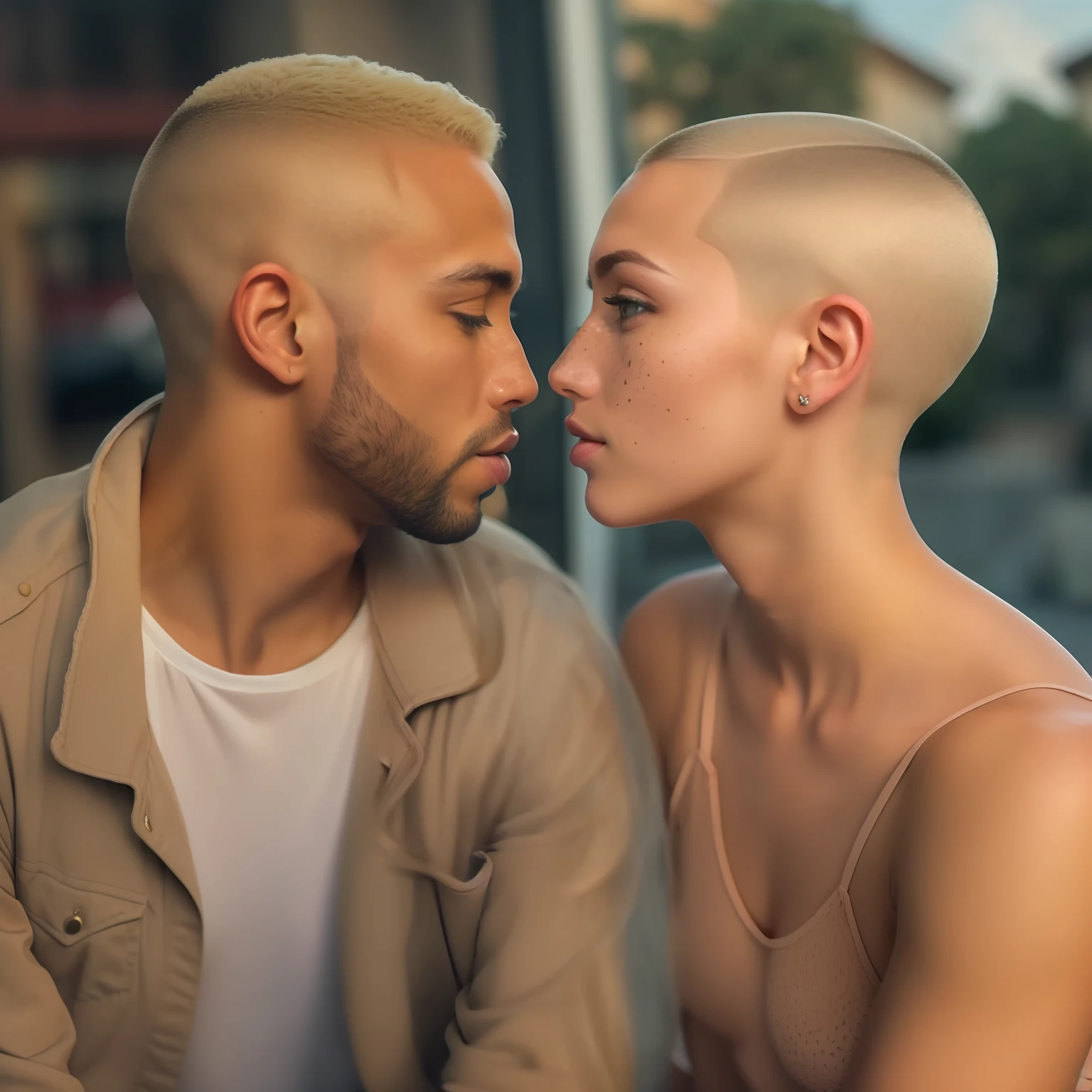 Cena intensa de casal se beijando na boca, no elevador, um homem ((30 anos,pele caramelo, com cavanhaque, buzz cut)) E mulher ((americana, 25 anos, pale skin and freckles, olhos cinzas, nariz delicado, soft and delicate lips, cabelo blondie cinza longo e ondulado)), dinamic poses, ultrarrealista HD altamente renderizado fotorrealista, luz natural do dia, Fuji Camera