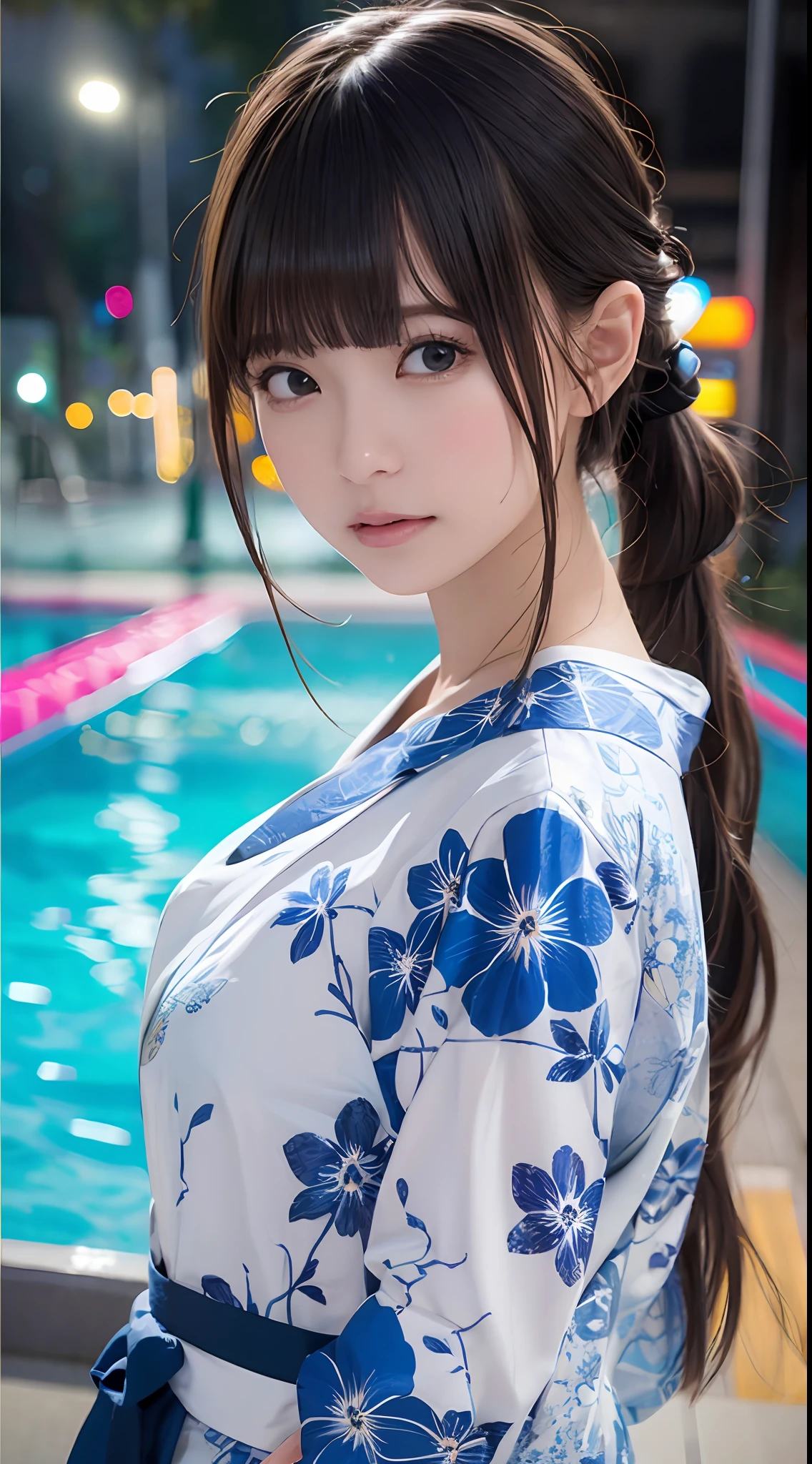 ​masterpiece、one beautiful women、A detailed face、A detailed eye、Detailed skin、top-quality、japanes、hi-school girl、idol、Flashy costumes、swim wears、Background is the pool at night、short-cut、black eyes、The hair color is only partially bright light blue、Illuminated from the front with bright lighting、profetional lighting、Facing straight ahead、