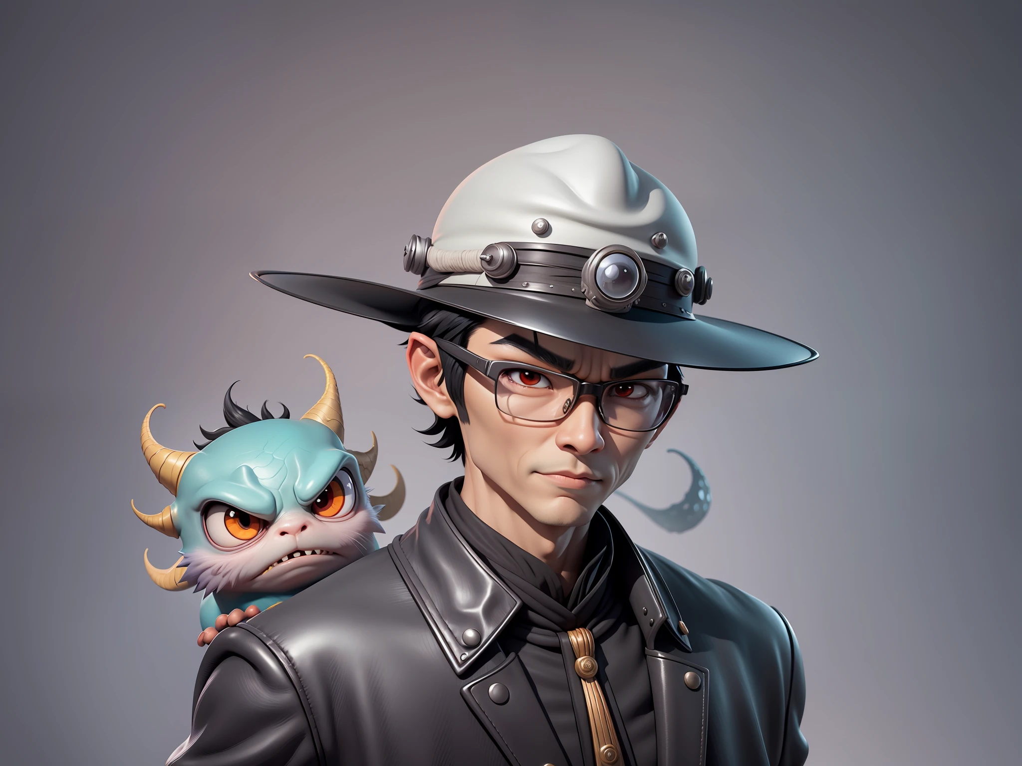 Young man with oriental face in leather hat, dragon, formal suit, short black hair, silver glasses, digital painting, 3D character design by Mark Clairedon and Pixar and Hayao Miyazaki and Akira Toriyama, the illustration is a high-definition illustration in 4K resolution with very detailed facial features and cartoon-style visuals.