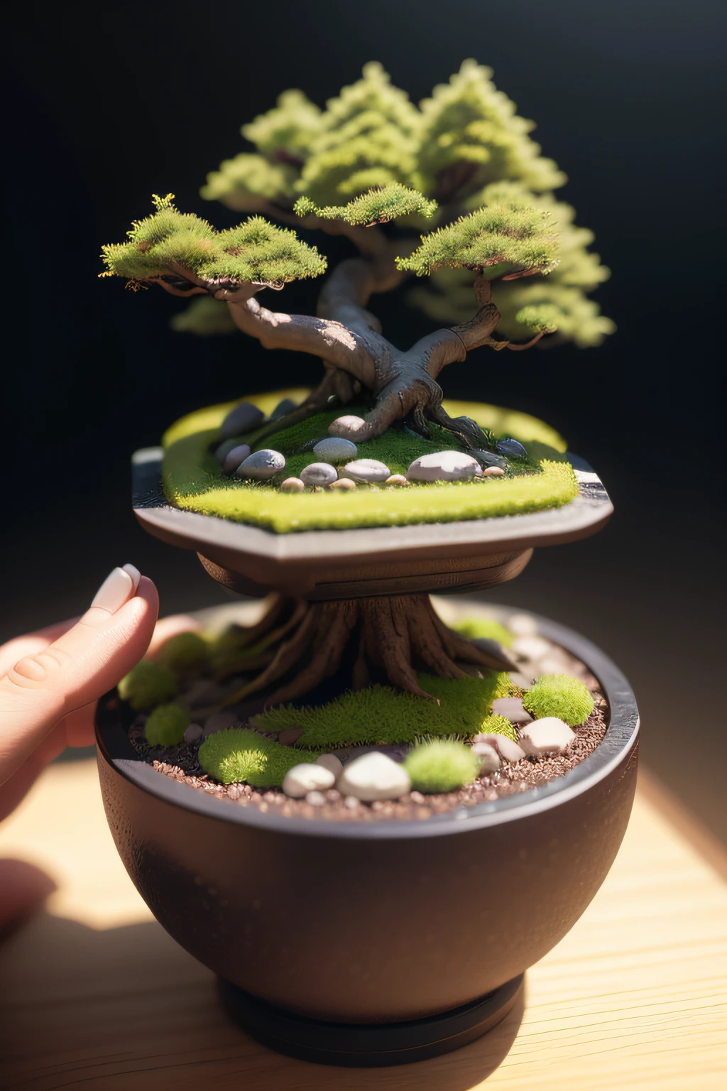 Miniature bonsai landscape with dolls on top realistic, photography of, Studio lighting, Photographed by a Phase One camera, HDR clarity detail, Hyperfocal length, 8K, Ultra-realistic Dal effect