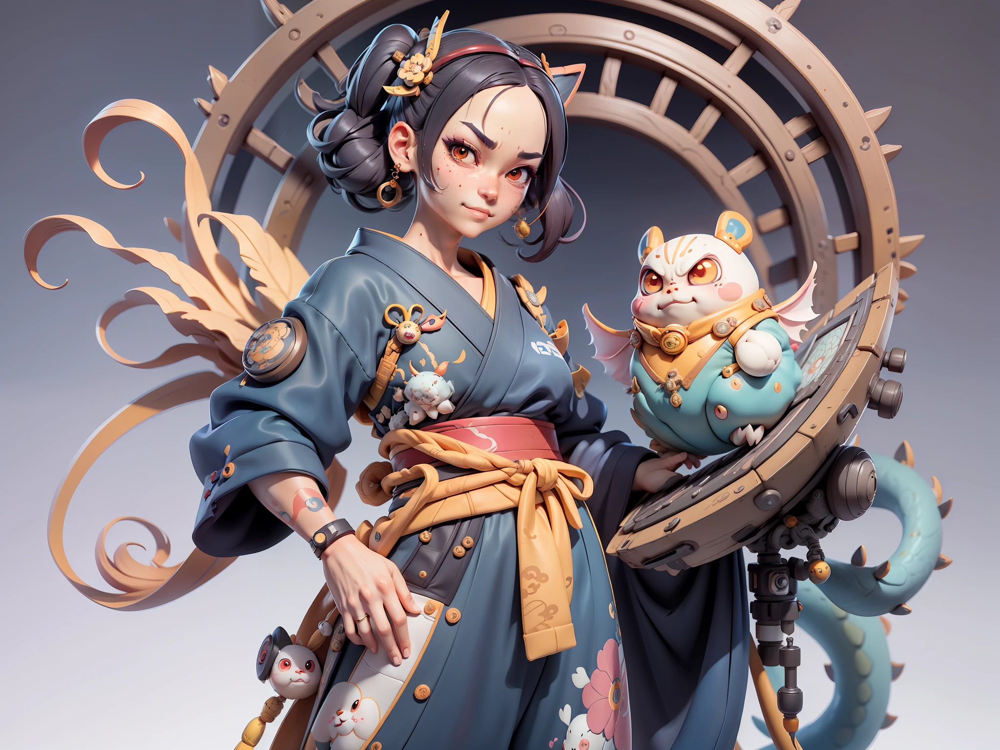 (Daisaku),(Need),(Super meticulous),(full bodyesbian:1.2),Japanese ukiyo-e girl,japanese geisha,Beautiful,Oriental dragon,Aeolian Thor,Raised sexy,爆乳,Oriental face,TV Anchor,Bust portrait illustration,Alone,In black suit,a blue tie,The face is slightly chubby,The face was clean,without a beard,Black super short hair,Black eyes,Smile confidently,3C computer sub-products,iPad, iphone,Digital painting,3D character design by Mark Clairen and Pixar and Hayao Miyazaki and Akira Toriyama,The illustration is a high-definition illustration in 4K resolution,With very detailed facial features and cartoon-style visuals。
