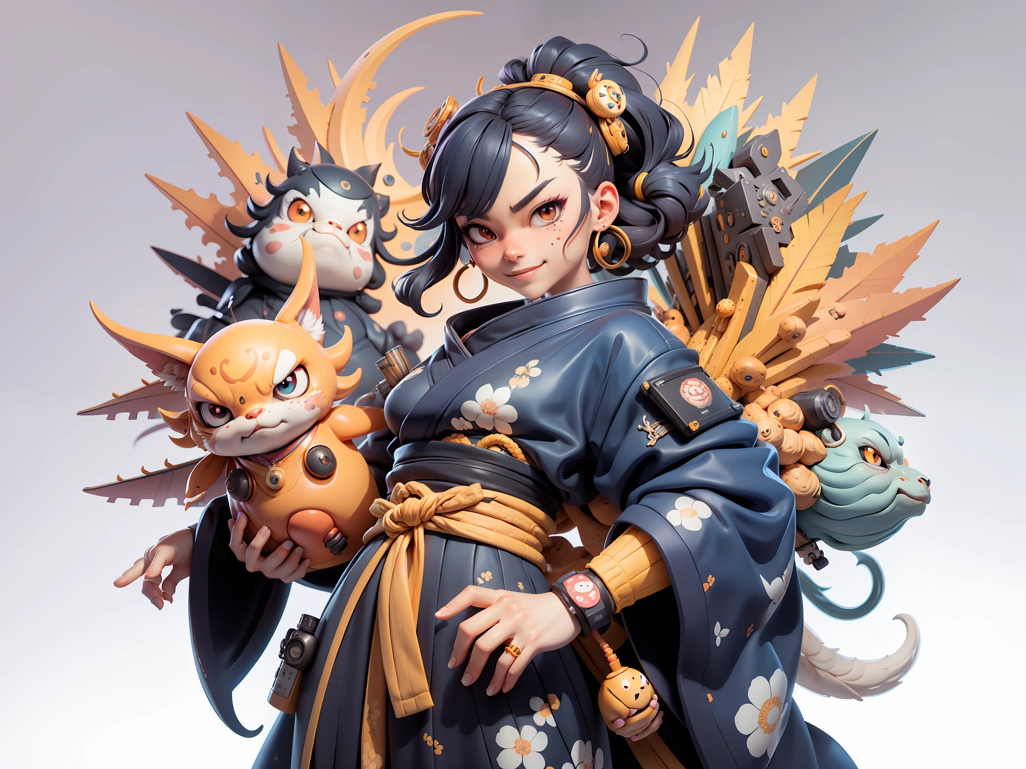 (Daisaku),(Need),(Super meticulous),(full bodyesbian:1.2),Japanese ukiyo-e girl,japanese geisha,Beautiful,Oriental dragon,Aeolian Thor,Raised sexy,爆乳,Oriental face,TV Anchor,Bust portrait illustration,Alone,In black suit,a blue tie,The face is slightly chubby,The face was clean,without a beard,Black super short hair,Black eyes,Smile confidently,3C computer sub-products,iPad, iphone,Digital painting,3D character design by Mark Clairen and Pixar and Hayao Miyazaki and Akira Toriyama,The illustration is a high-definition illustration in 4K resolution,With very detailed facial features and cartoon-style visuals。