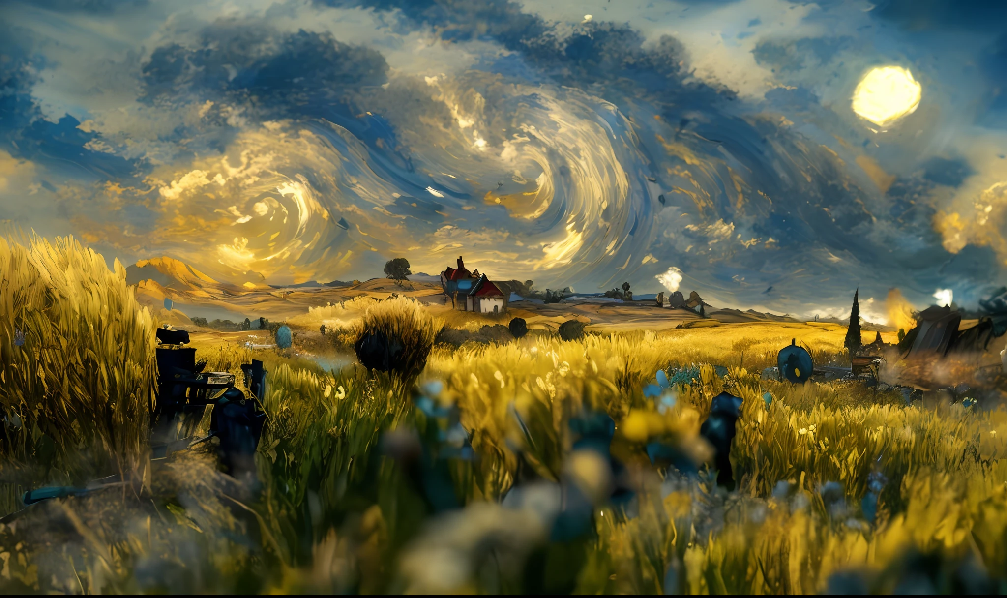 Draw in a field on sky background, in the style of van gogh, Van Gogh style, van gogh art style, Vincent Van Gogh style, Inspired by Van Gogh, 4k highly detailed digital art, inspired by Vincent Lefevre, Inspirado por Vincent van Gogh, 4K detailed digital art, in the style of van gogh, inspired by Vincent Di Fate