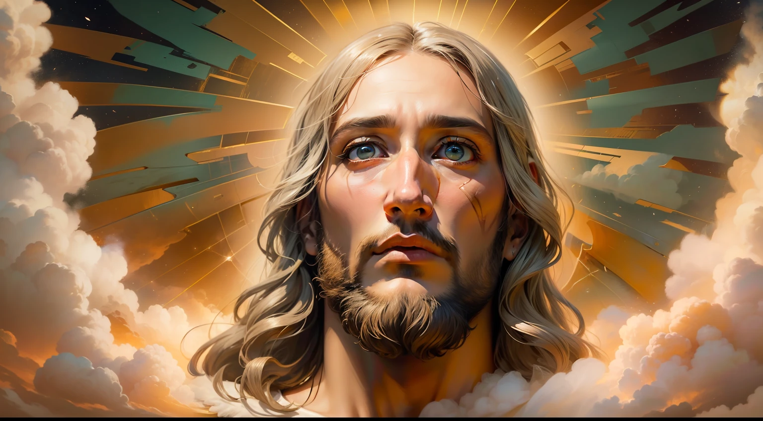 (papel de parede 8k extremamente detalhado), uma pintura realista de Jesus com rosto detalhado e perfeito, with detailed wings amid the clouds in the sky with golden lights, intrincado, alto detalhe, Dramatic