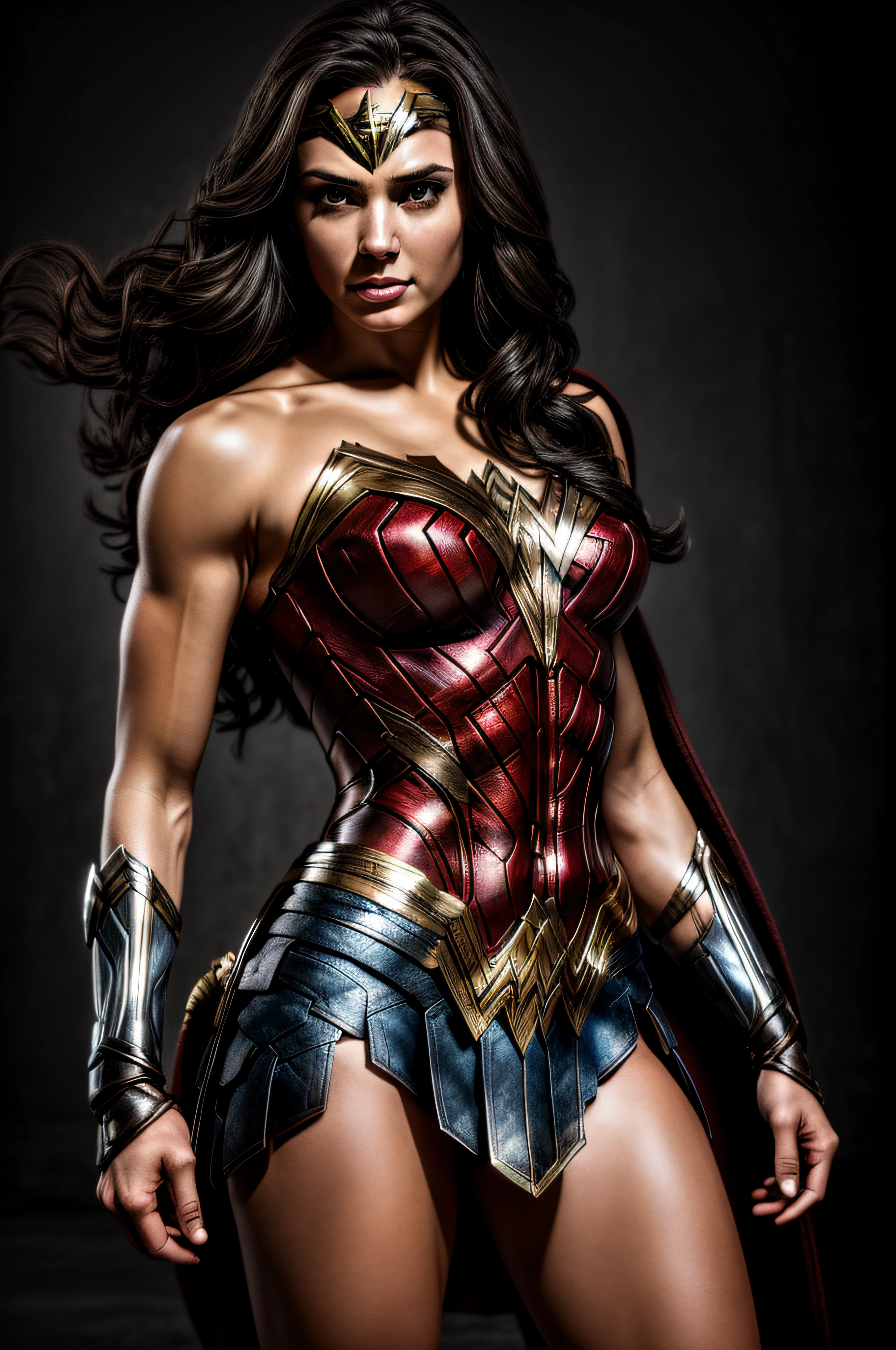 Wonder Woman Image, Dark Style Clothing, Female Character, Strong Physique, Wallpaper Style, Tabby, Detailed Image, Realistic, True to Series, Cinematic Setting, Dark Shadow Style, Realistic Circumstantial, High Quality Resolution, Dark Style
