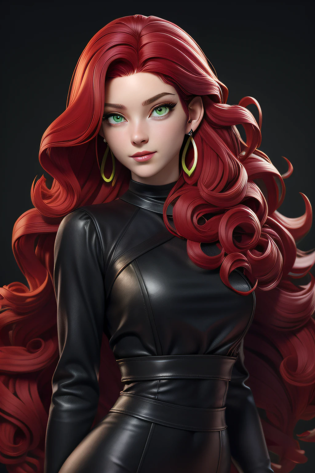 masterpiece, best quality, 1 girl, lime green eyes, pale skin, wine red hair, long hair, black earrings, jewelry, black clothes, simple background, solo, upper body, curly hair