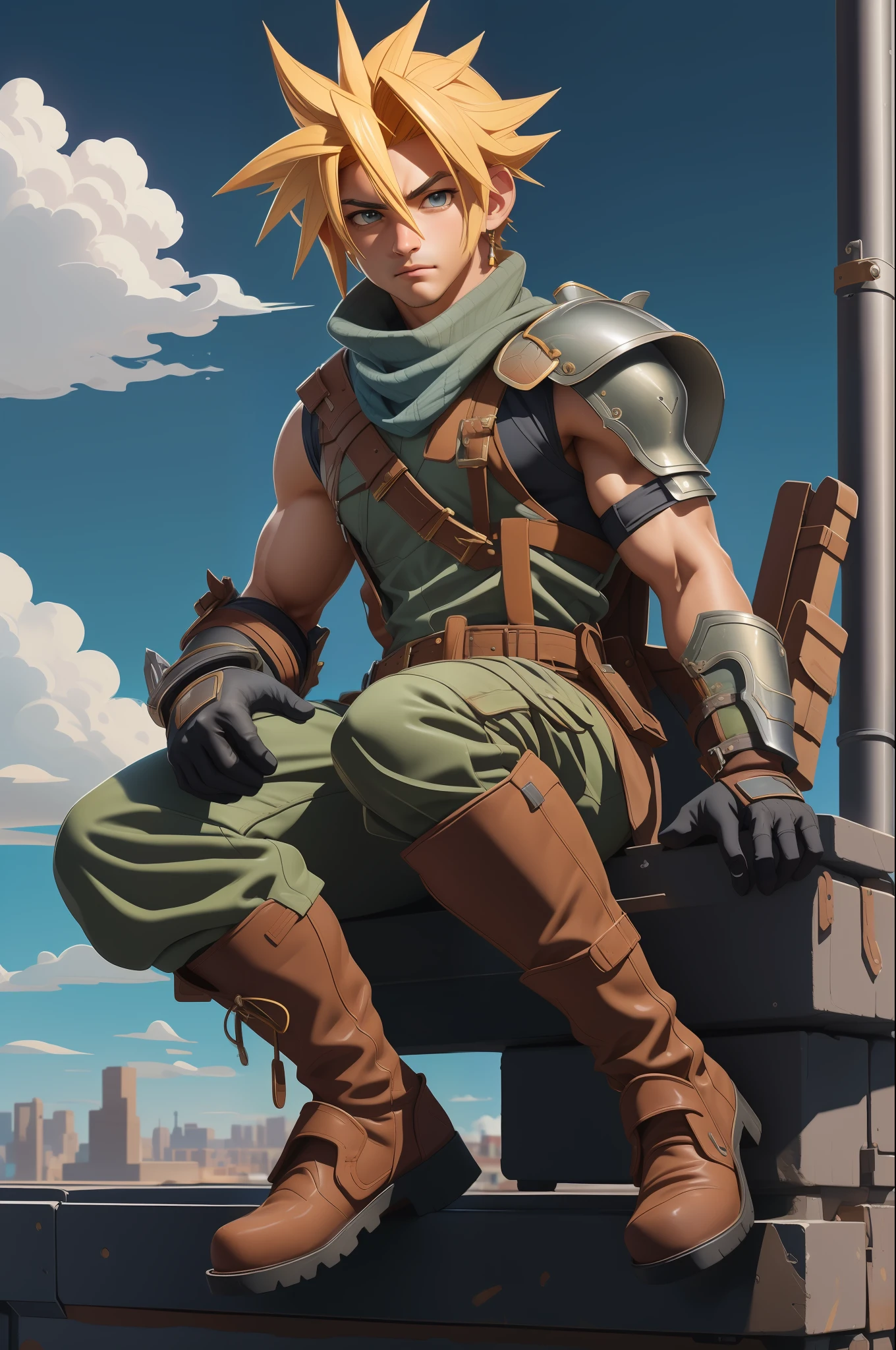masterpiece, best quality, cloud strife, shoulder armor, sleeveless turtleneck, suspenders, belt, baggy pants, gloves, bracer, boots, sitting, city, sky, clouds,