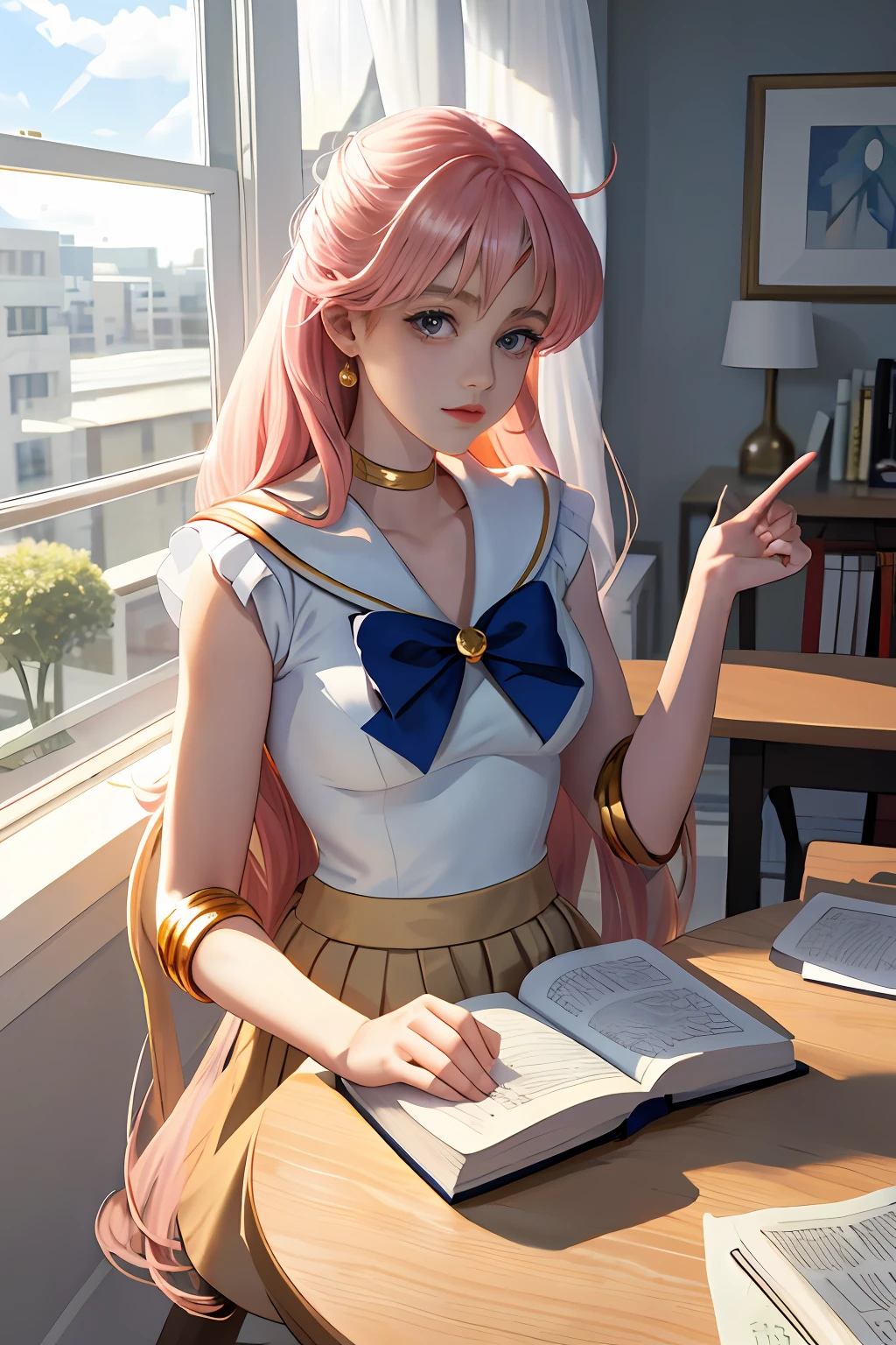 the sailor moon,Read a book at the table in front of the window