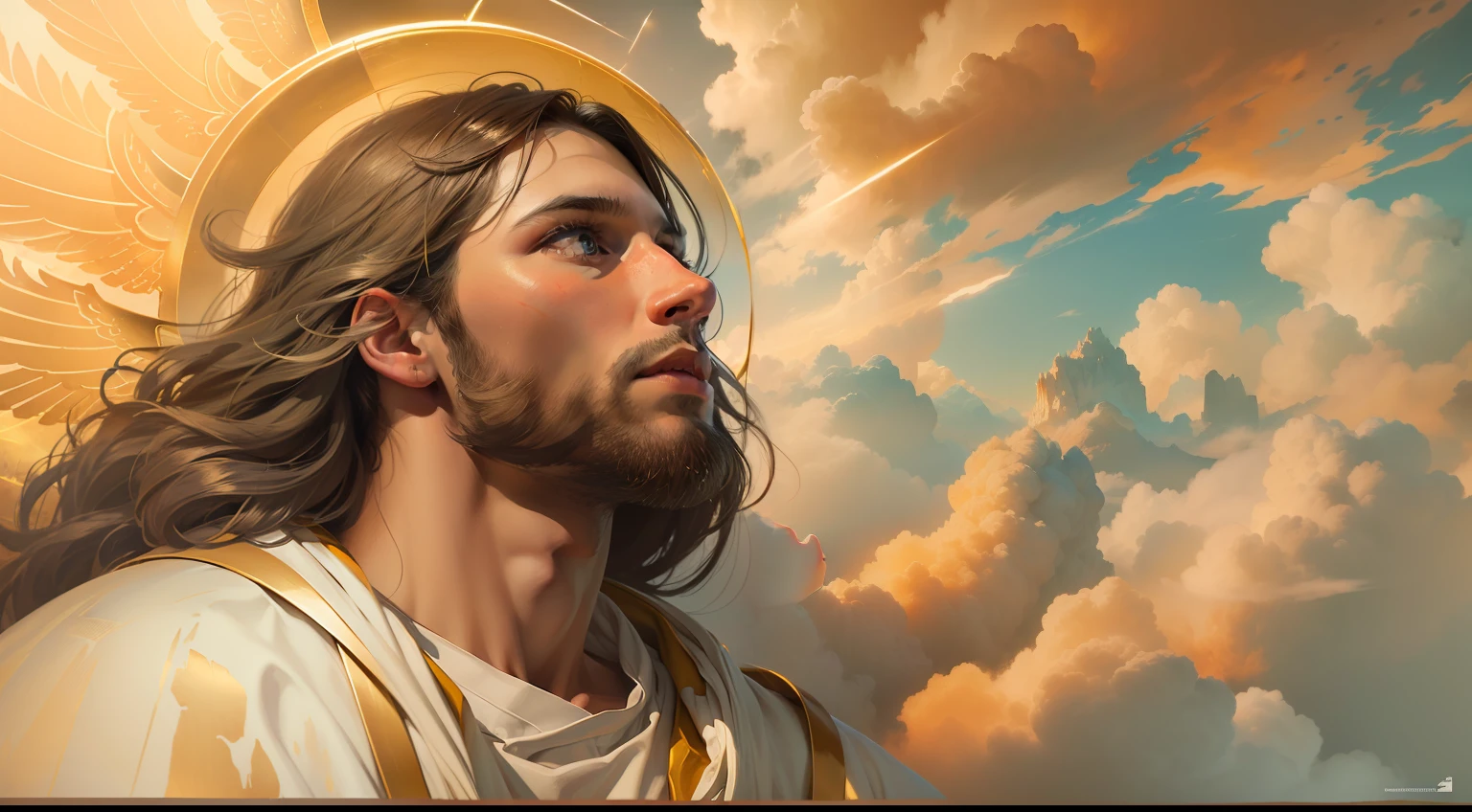 (papel de parede 8k extremamente detalhado), uma pintura realista de Jesus com rosto detalhado e perfeito, with detailed wings amid the clouds in the sky with golden lights, intrincado, alto detalhe, Dramatic