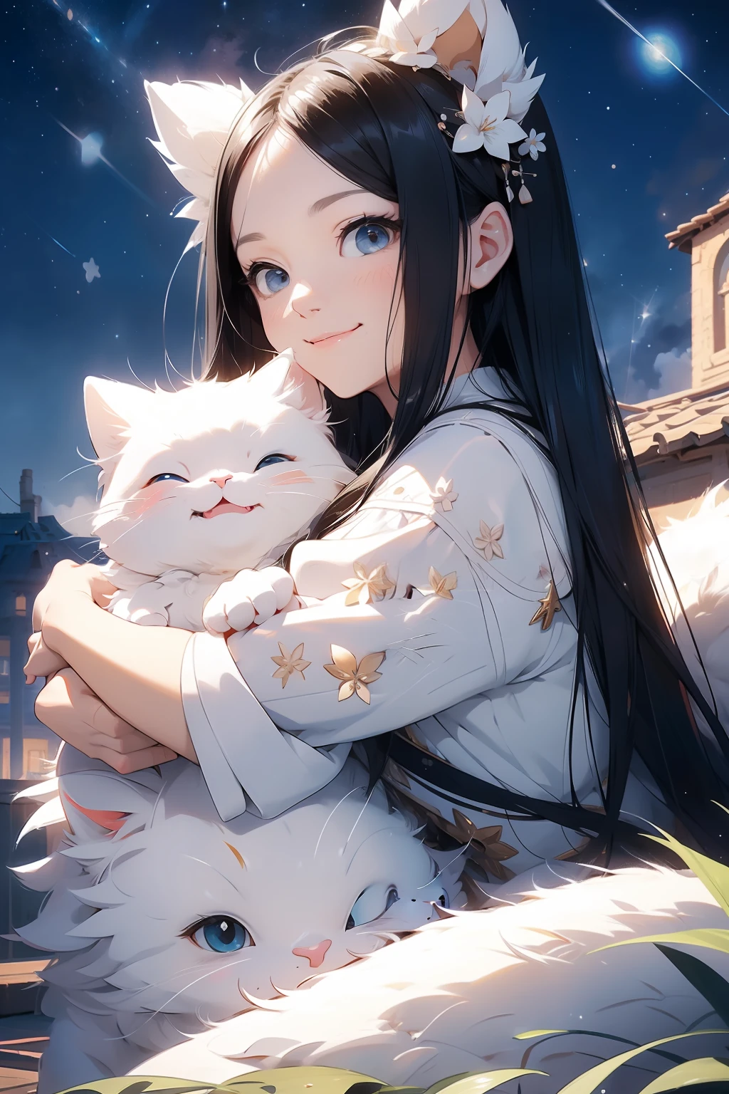 A beautiful girl with long black hair, Sit with a huge white cute cat, On the roof, Smiling, Blue T-shirt, Beautiful detailed face, Porcelain skin, Starry night, Milky Way, Intricate, elegant, Highly detailed, Photorealistic, art stations, smooth