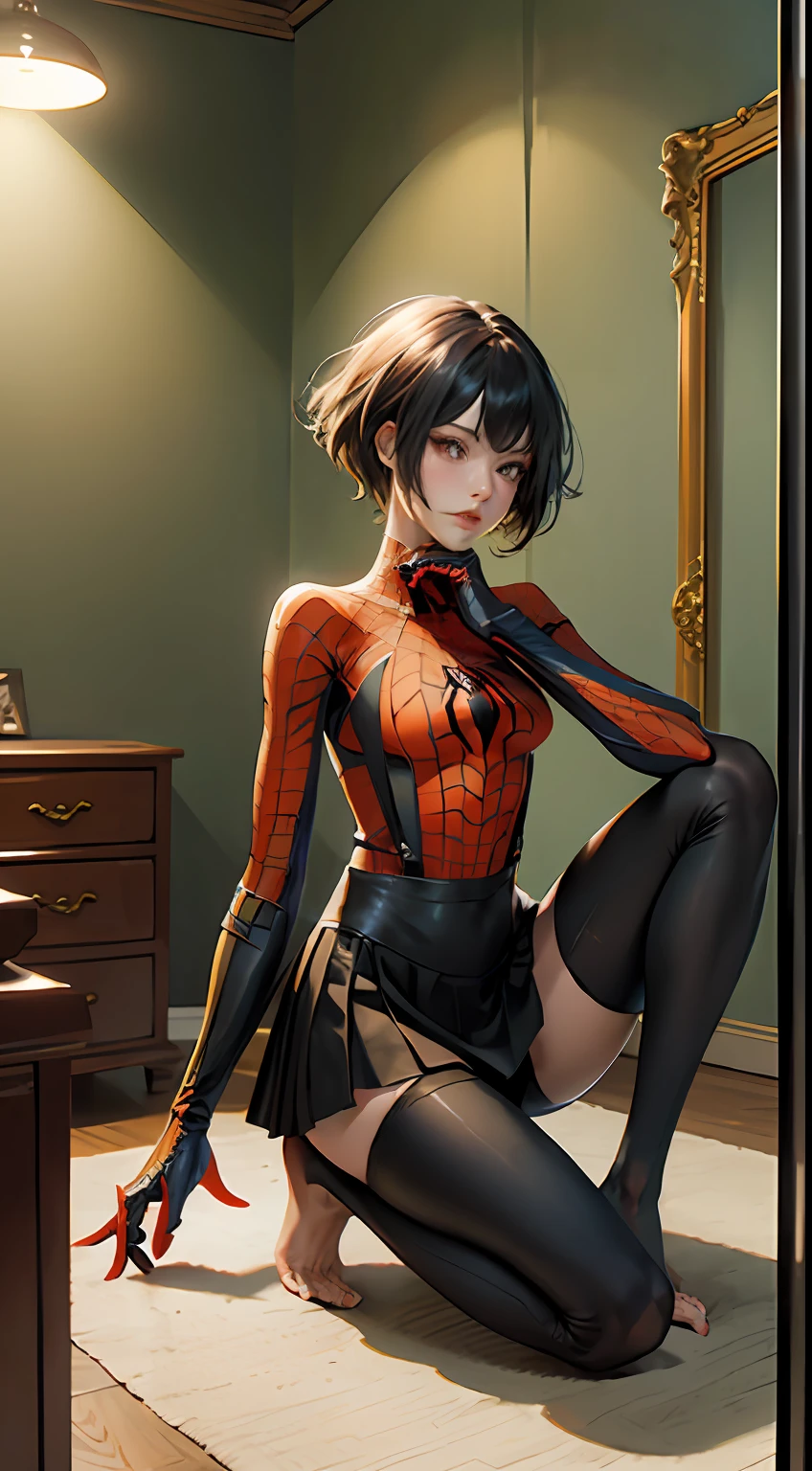 Stylish young female version of Spider-Man,gwyn,Ultra-thin tights in a green and orange color scheme,Spider vector logo on chest,Short black fashion hair,Korean model,adolable,dynamicposes,Dynamic shots,Seductive pose,The barefoot,perfect bodies,Suspender stockings,No shoes,Toes,Spider-Man cosplay,Spider cuirass covered,spiderman outfit,short skirt,Detailed spider silhouette body with Spider-Man roleplay,Cute light green slim fit leggings,There are also Gundam wallpapers on the wall,clothing rack,Bedrooms,Large mirror,Luxurious interior