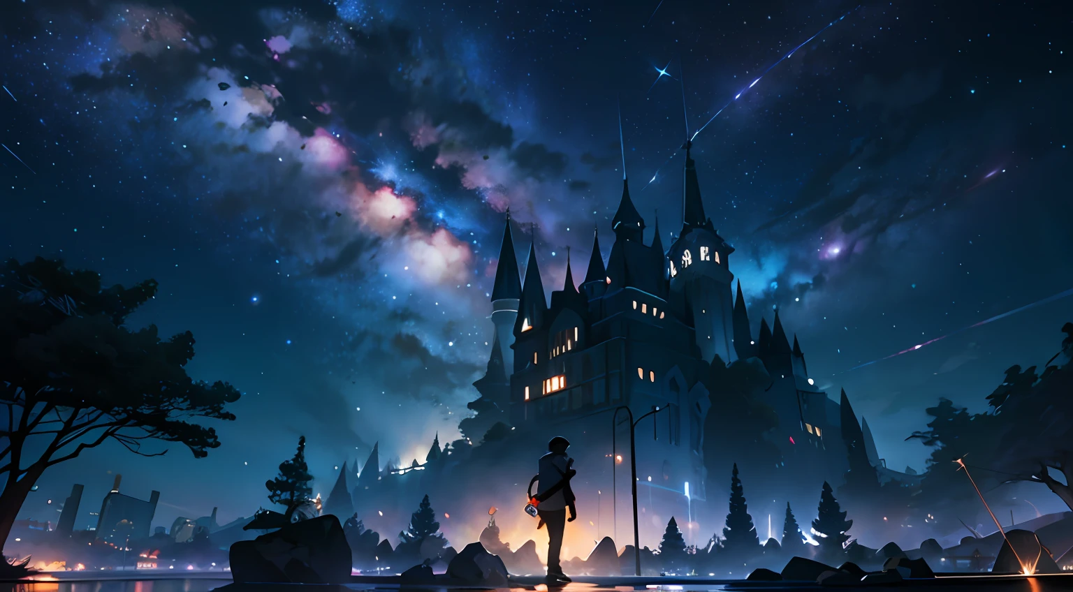 octano, heaven, estrela (heaven), Paisagem, starly sky, noite, 1Powerful boy emanating sparks, sparks of energy, night sky, sozinho, ao ar livre, Building, nuvem, milky ways, sentado, tree, cabelo preto, Cidade, Menacing silhouette, small fireball in hand, paisagem urbana