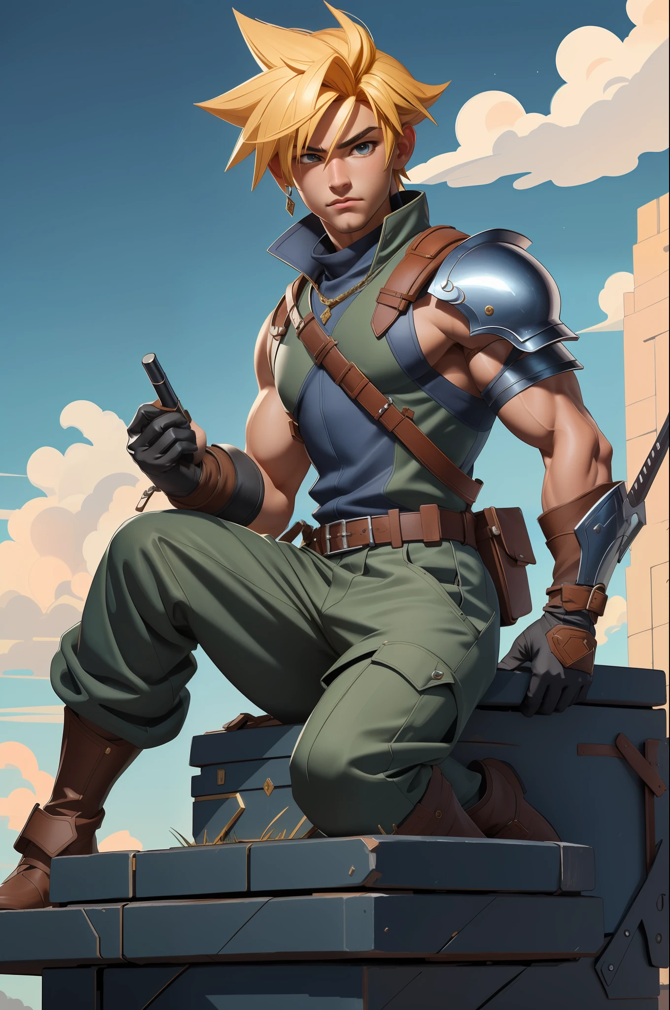 masterpiece, best quality, cloud strife, shoulder armor, sleeveless turtleneck, suspenders, belt, baggy pants, gloves, bracer, boots, sitting, city, sky, clouds,