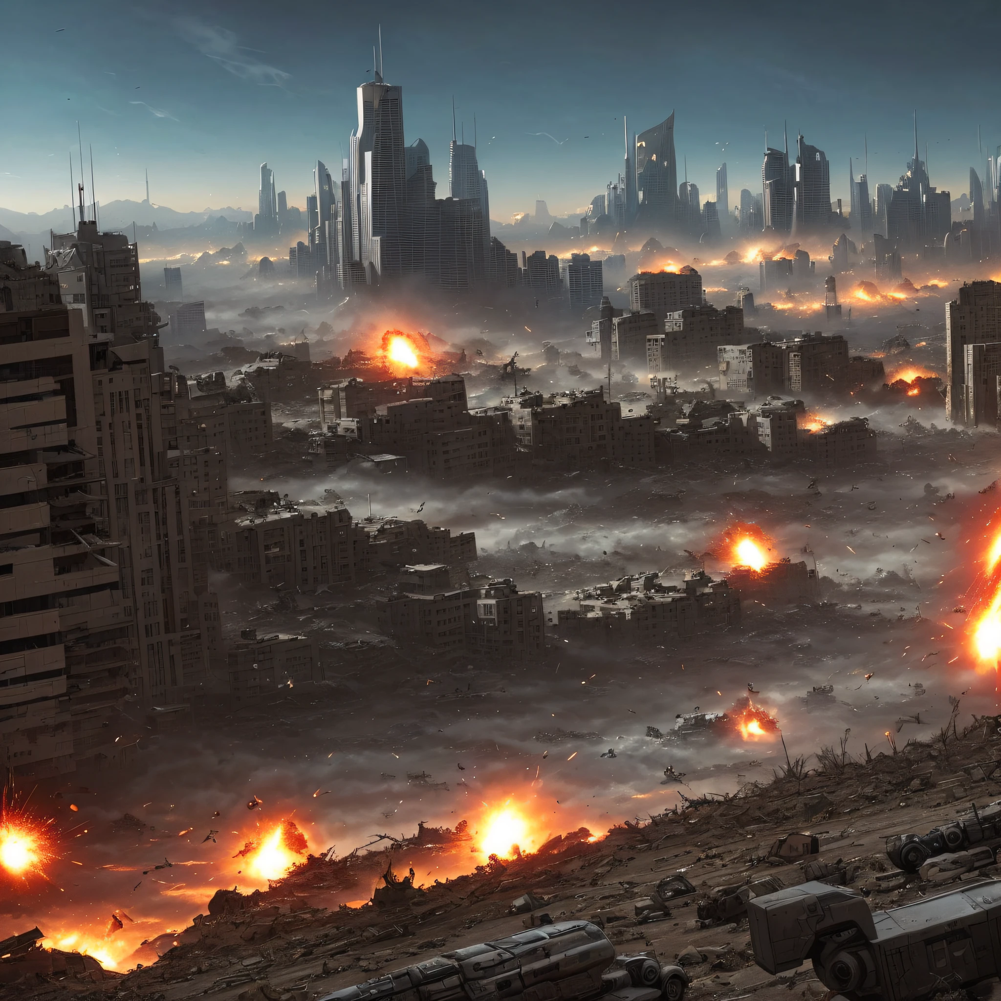"((Epic, Cinematic)) saviors of humanity engaging in fierce duels against extraterrestrial invaders amidst the rubble of a post-apocalyptic cityscape, with their weapons unleashing devastating explosive rounds, dust and debris getting thrown up in the midst of the chaotic, high-octane combat."