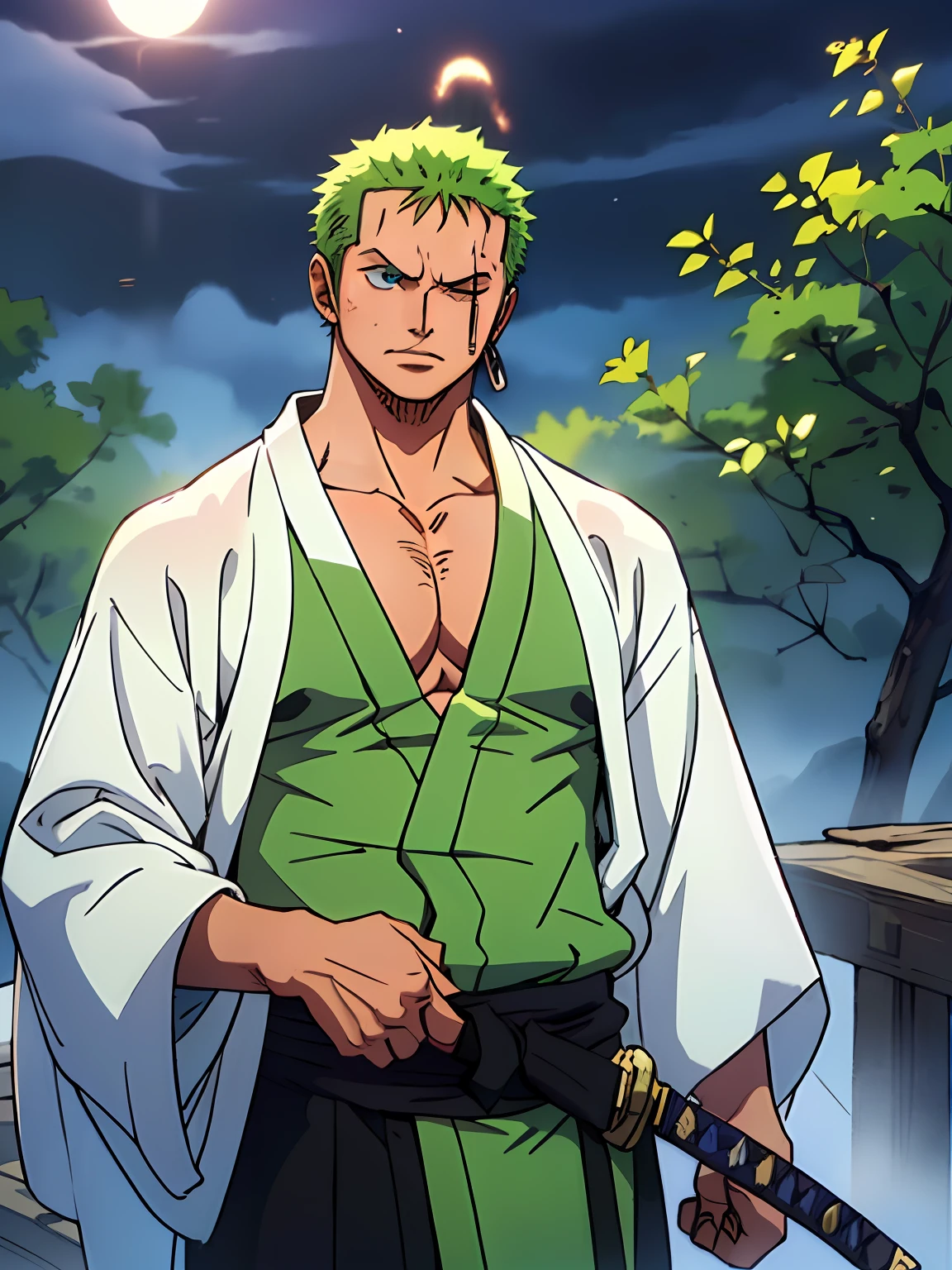 Roronoa Zoro (Masterpiece, 4k resolution, ultra-realistic, very detailed), (Theme of white samurai, charismatic, there is a swordsman next to a Japanese "isakaya" bar, wearing a blue kimono with cloud details on the "obi" track, he is commander of the first division of the leader of the mugiwara band, work "One Piece"), [ ((19 years), (short green hair:1.2),  full body, (blue eyes:1.2), ((Roronoa Zoro's pose), show of strength, unsheathing with one hand his katanas enma), ((Japanese rural environment):0.8)| (rural landscape, at dusk, dynamic lights), (blinded sun)), 1 katana]. # Explanation: Prompt mainly describes a 4k painting of ultra-high definition, very realistic, very detailed. It shows a swordsman, master of the Santoryu style of katanas, wearing a blue kimono with cloud details at the waist band. The subject in the painting is a subject of a white swordsman, holding with one hand his black katana enma, the male protagonist has short green hair, is 19 years old and his entire defined body is shown in the painting, with characteristics of pumped endomorph.