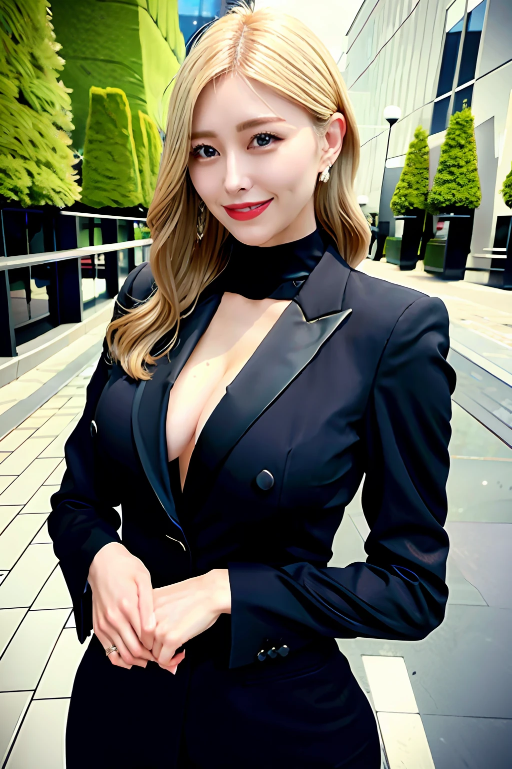 Woman in black suit with closed chest、Blonde、huge-breasted、thin-waist、Big ass、Happy smile、a park