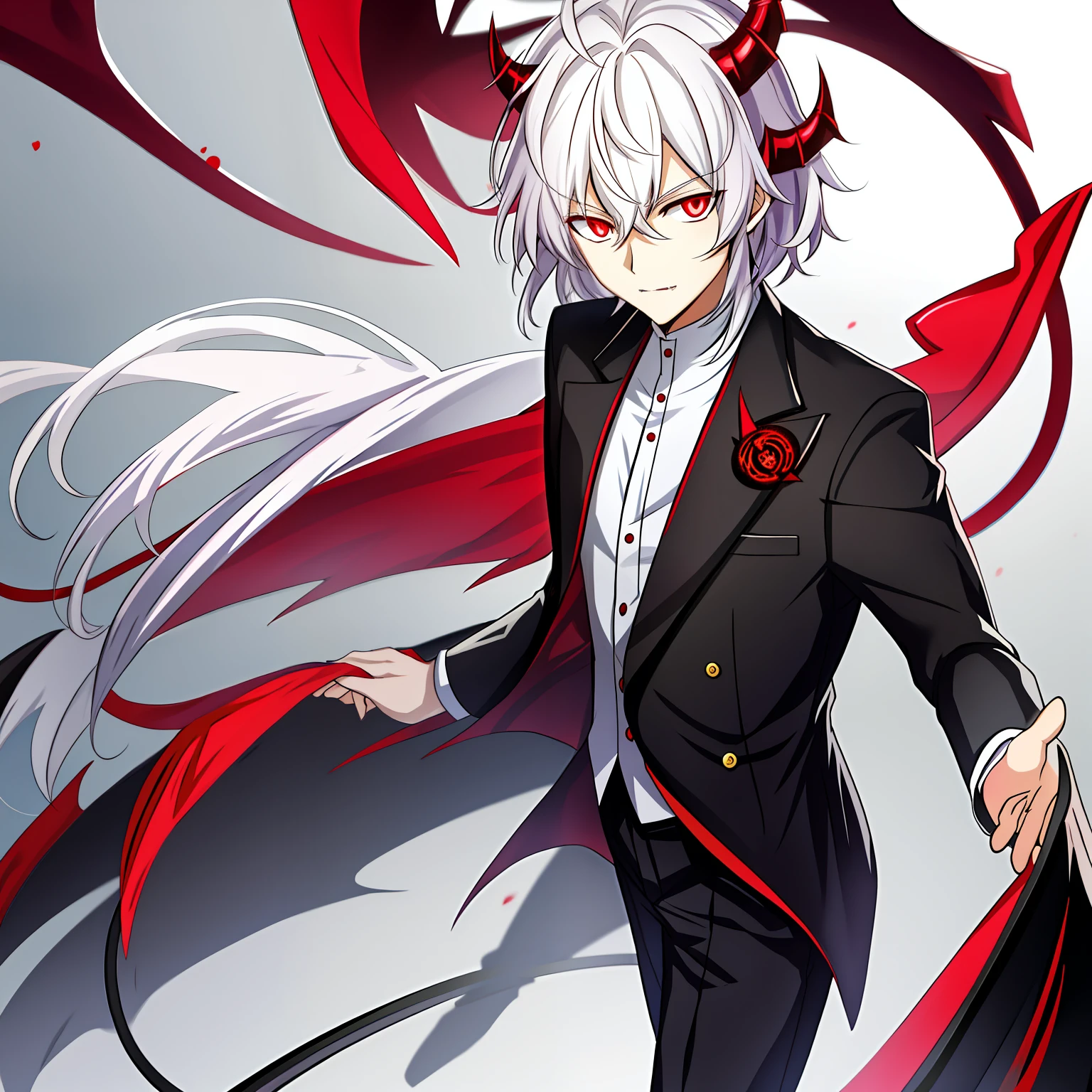 Anime characters with white hair and red eyes in black suits, handsome japanese demon boy, dapper dream demon, Best anime 4k konachan wallpaper, Demon Boy, Key anime art, with red glowing eyes, zerochan art, offcial art, nagito komaeda, Vampires, mika kurai demon, with glowing red eyes, Keqing from Genshin Impact