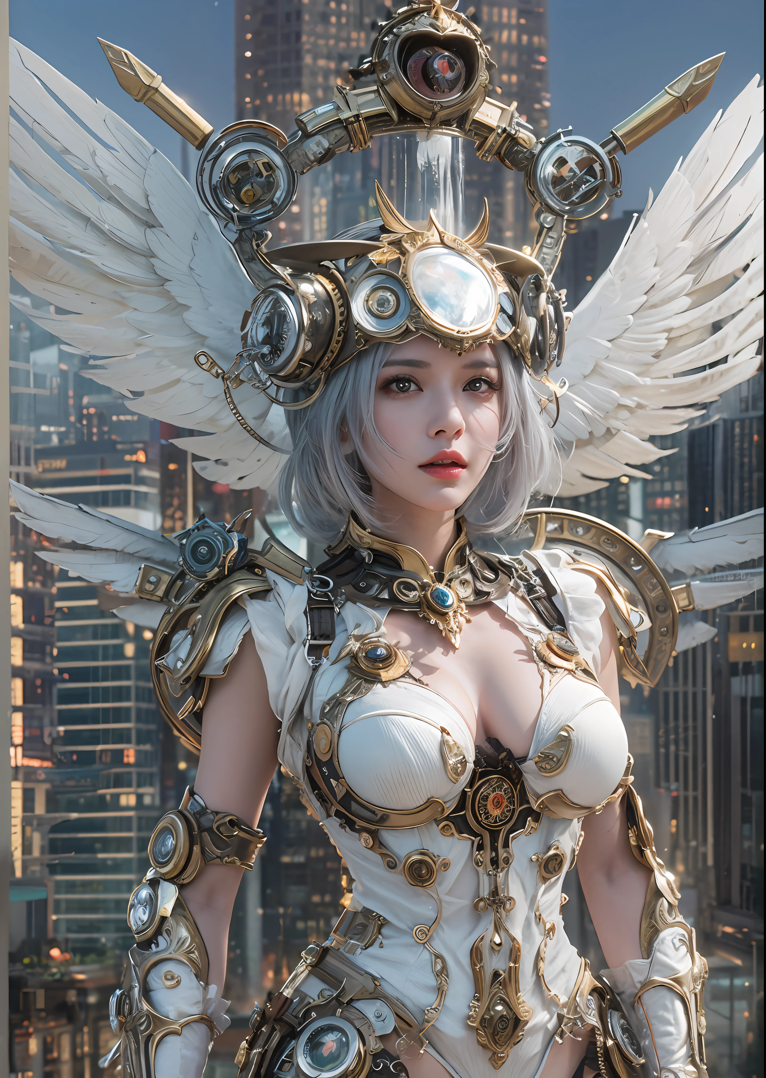 top-quality、masterpiece、超A high resolution、(Photorealsitic:1.4)、Raw photo、Steampunk Cyborg Angel、large wings made of metal、White porcelain body、Acrylic Clear Cover、white hair、glowy skin、1 steampunk girl、((super realistic details))、portlate、globalillumination、Shadow、octan render、8K、ultrasharp、character edge light,Colossal tits、Raw skin is exposed in cleavage、Details of complex ornaments、Sumerian details、Hydraulic cylinder、Small LED lamp、highly intricate detail、Realistic light、a purple eye、radiant eyes、Facing the camera、neon details、cowboy shot、Futuristic headgear、The background is a steampunk city、、