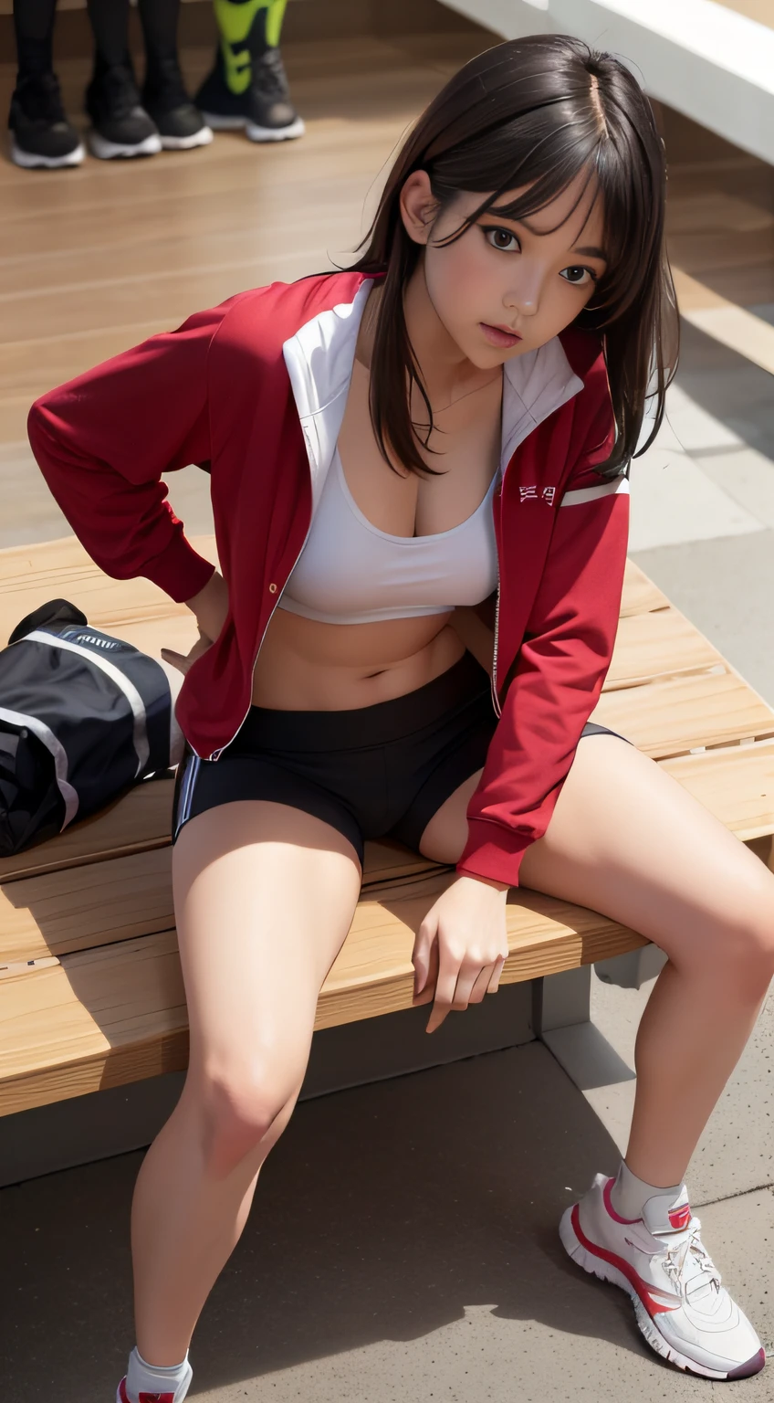 face lighting,bright backlight,medium breasts,super high resolution,best quality,Photos,4k,(Realistic:1.2),(knolling:1.2),1girl,shoes,,solo,breasts,sneakers,(:1.4),long hair,jacket,(shoes removed:1.2),shorts,navel,lying,looking at viewer,,full body,gym shorts,shirt,(completely :1.2),red jacket,barefoot,wooden floor,medium breasts,clothes removed,gun,from above,short shorts,sportswear,gym uniform,underwear,(arrange clothes neatly:1.7),bag,track jacket,
chill_mayuki,mix4,