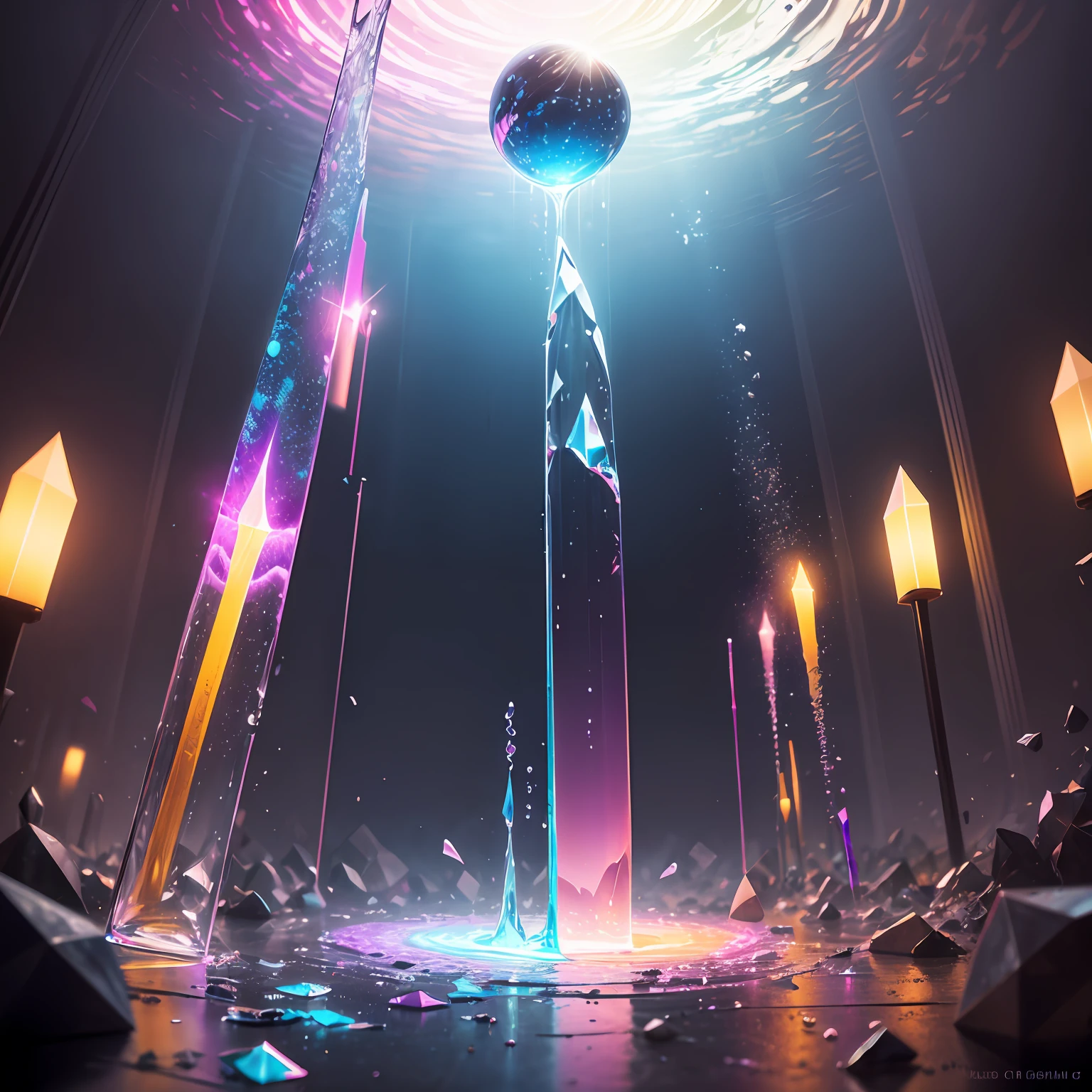 "refraction, magical atmosphere, ethereal and mesmerizing, vibrant colors, shattered glass effect"