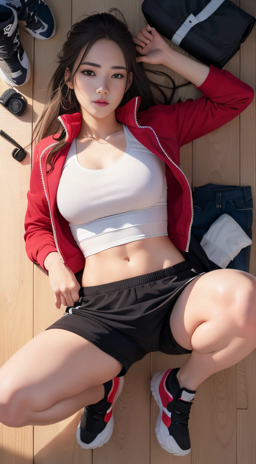 face lighting,bright backlight,medium breasts,super high resolution,best quality,Photos,4k,(Realistic:1.2),(knolling:1.2),1girl,shoes,,solo,breasts,sneakers,(:1.4),long hair,jacket,(shoes removed:1.2),shorts,navel,lying,looking at viewer,,full body,gym shorts,shirt,(completely :1.2),red jacket,barefoot,wooden floor,medium breasts,clothes removed,gun,from above,short shorts,sportswear,gym uniform,underwear,(arrange clothes neatly:1.7),bag,track jacket,
chill_mayuki,mix4,