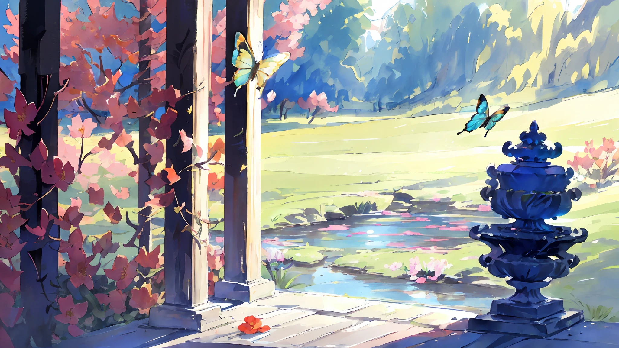 miaobishenghua , [(white background:1.5)::5], 1 girl, mid shot, full body, butterflies, flowers,floating petal,stone fragment, beautiful detailed water,cloud,sun,dusk,sunset,beautiful detailed gate, Without a person